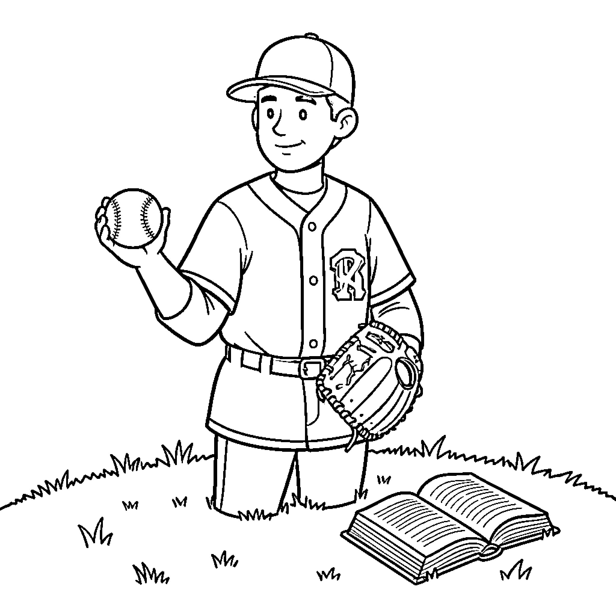 Baseball Player Reading a Book on the Field Coloring Page (free black-and-white line drawing printable PDF for all, from beginners to advanced learners, including children, teens, adults, and seniors)