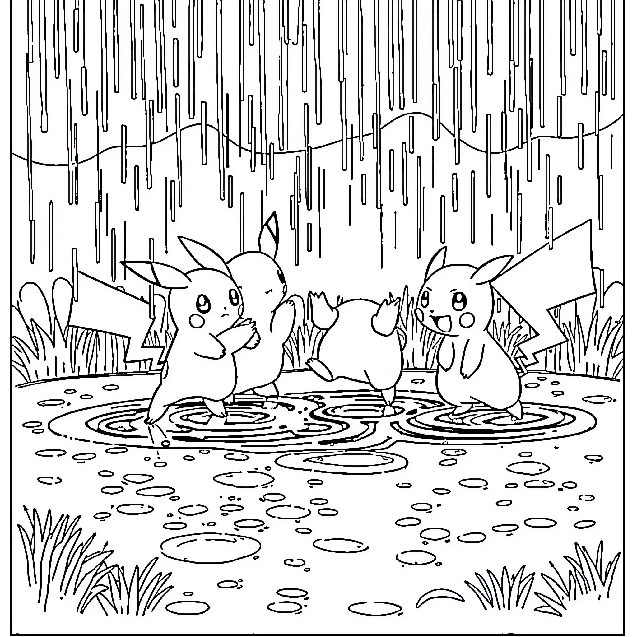 Pokémon characters playing in a rainy forest scene Coloring Page (free black-and-white line drawing printable PDF for all, from beginners to advanced learners, including children, teens, adults, and seniors)