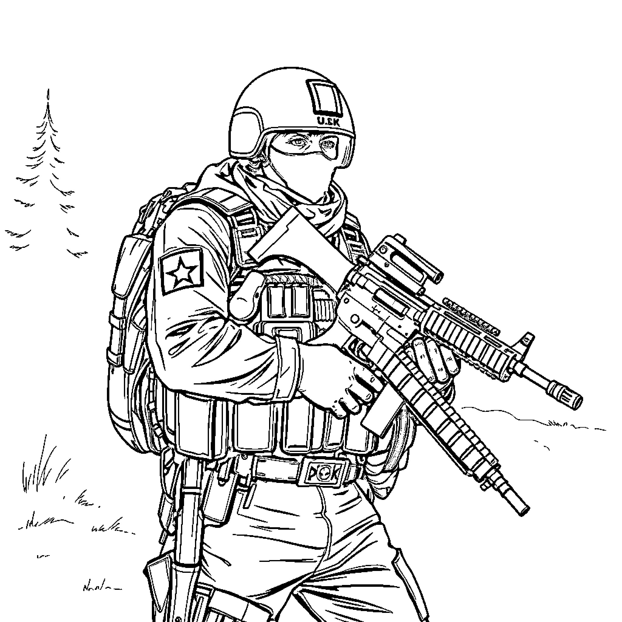 Soldier in tactical gear in snowy forest Coloring Page (free black-and-white line drawing printable PDF for all, from beginners to advanced learners, including children, teens, adults, and seniors)