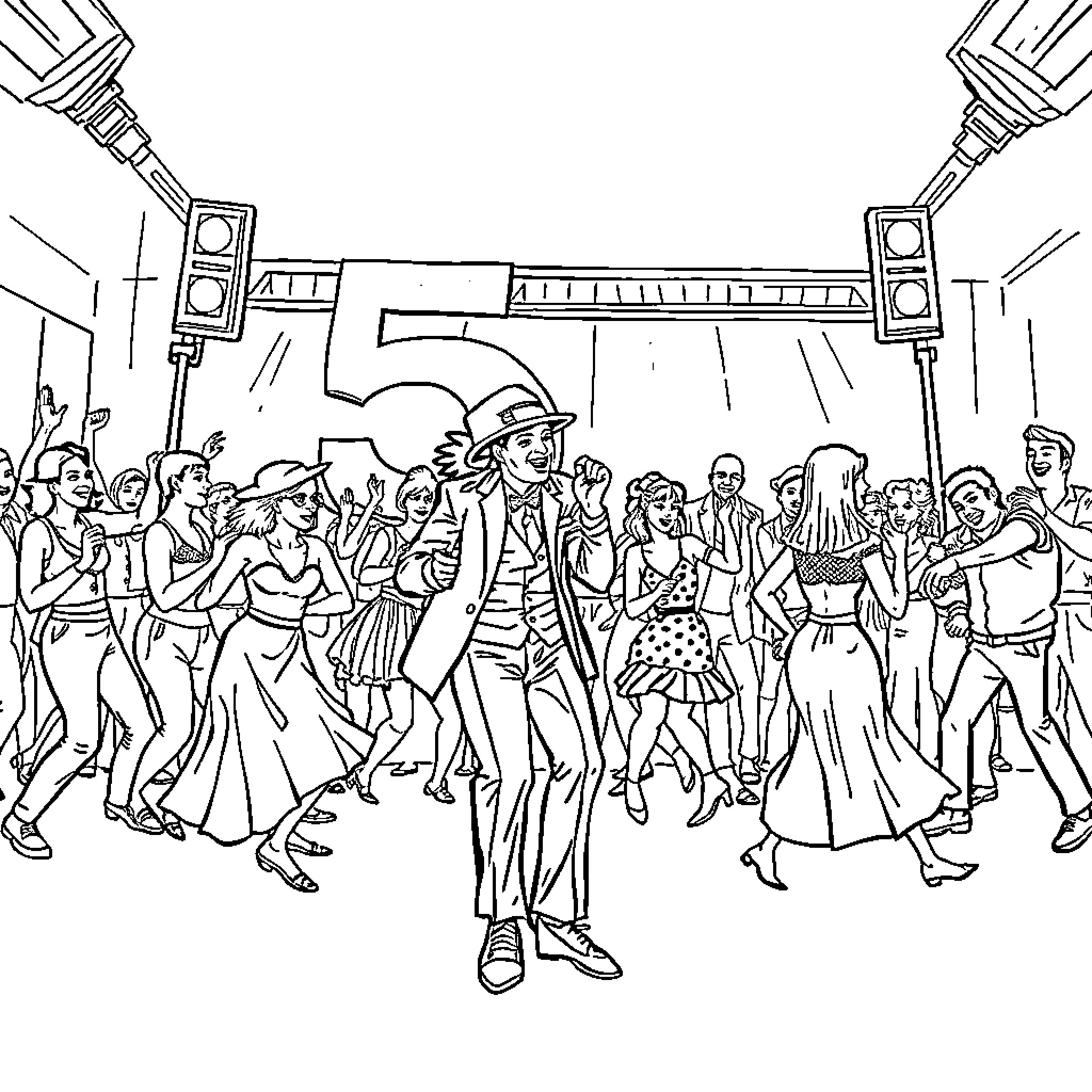 Gogo's Lively Stage Performance Amidst a Vibrant Crowd Coloring Page (free black-and-white line drawing printable PDF for all, from beginners to advanced learners, including children, teens, adults, and seniors)