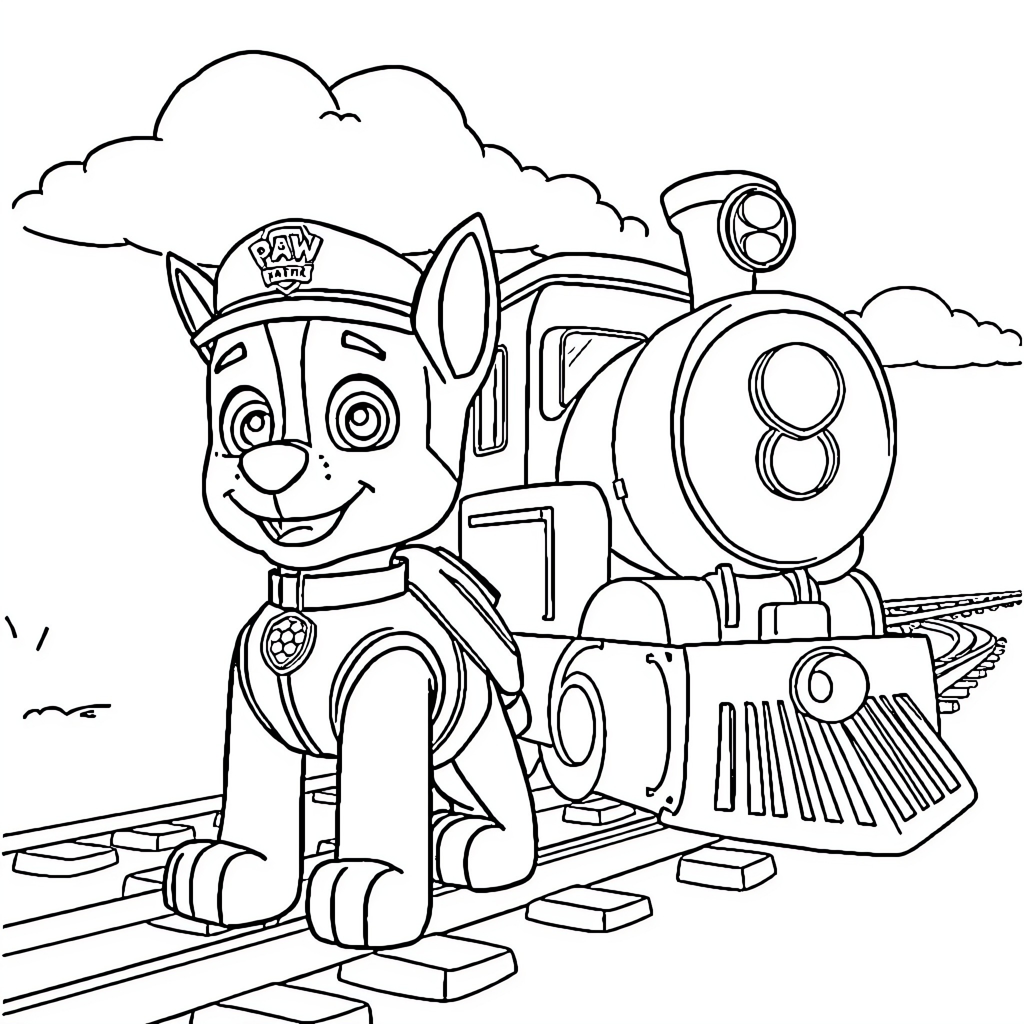 Chase the train with the energetic pup Coloring Page (free black-and-white line drawing printable PDF for all, from beginners to advanced learners, including children, teens, adults, and seniors)