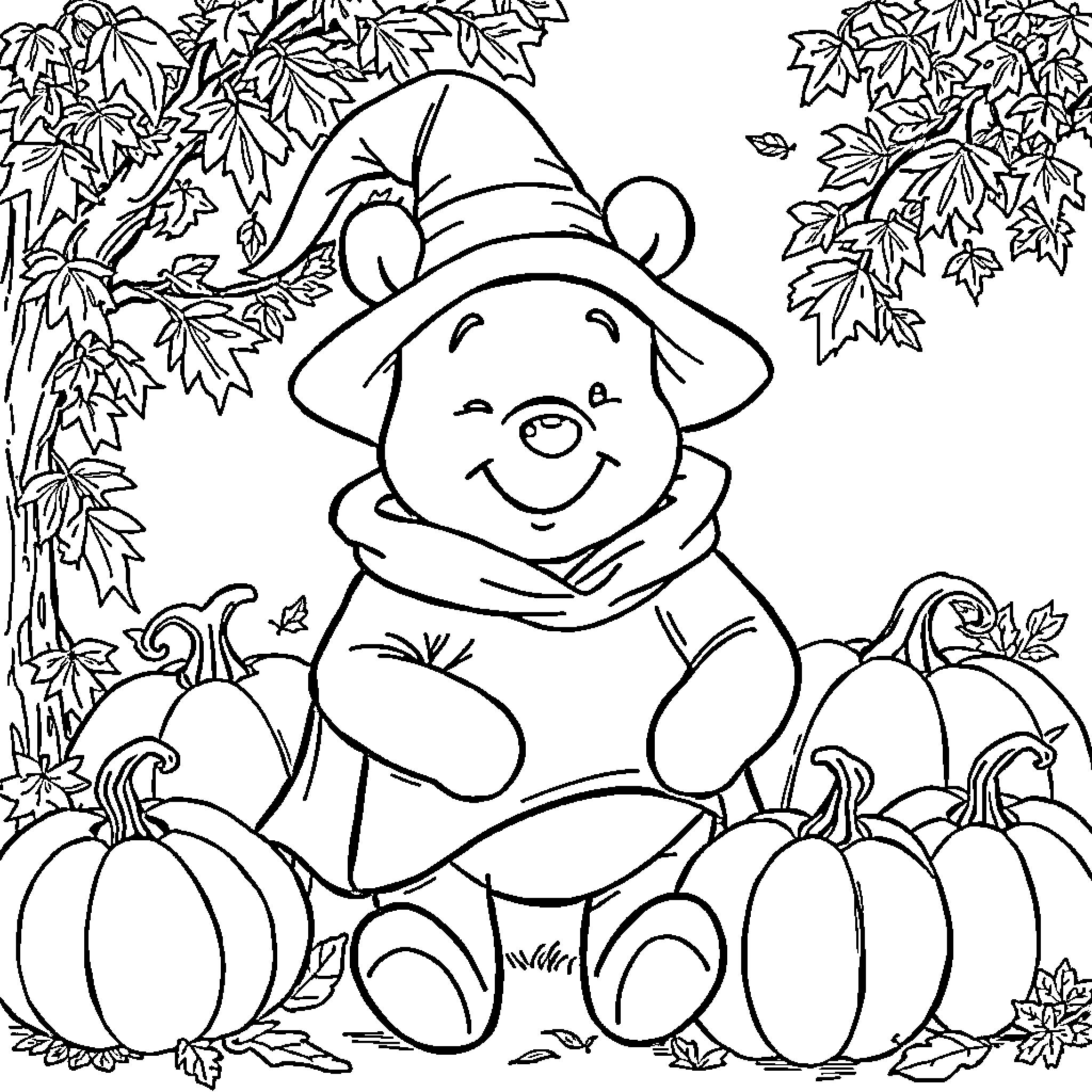 Winnie The Pooh enjoying autumn with pumpkins Coloring Page (free black-and-white line drawing printable PDF for all, from beginners to advanced learners, including children, teens, adults, and seniors)