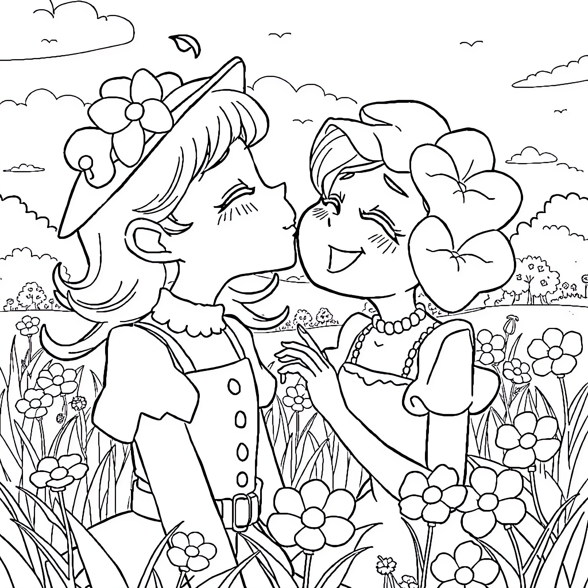 Astra and the Flower Sprites Adventure Coloring Page (free black-and-white line drawing printable PDF for all, from beginners to advanced learners, including children, teens, adults, and seniors)