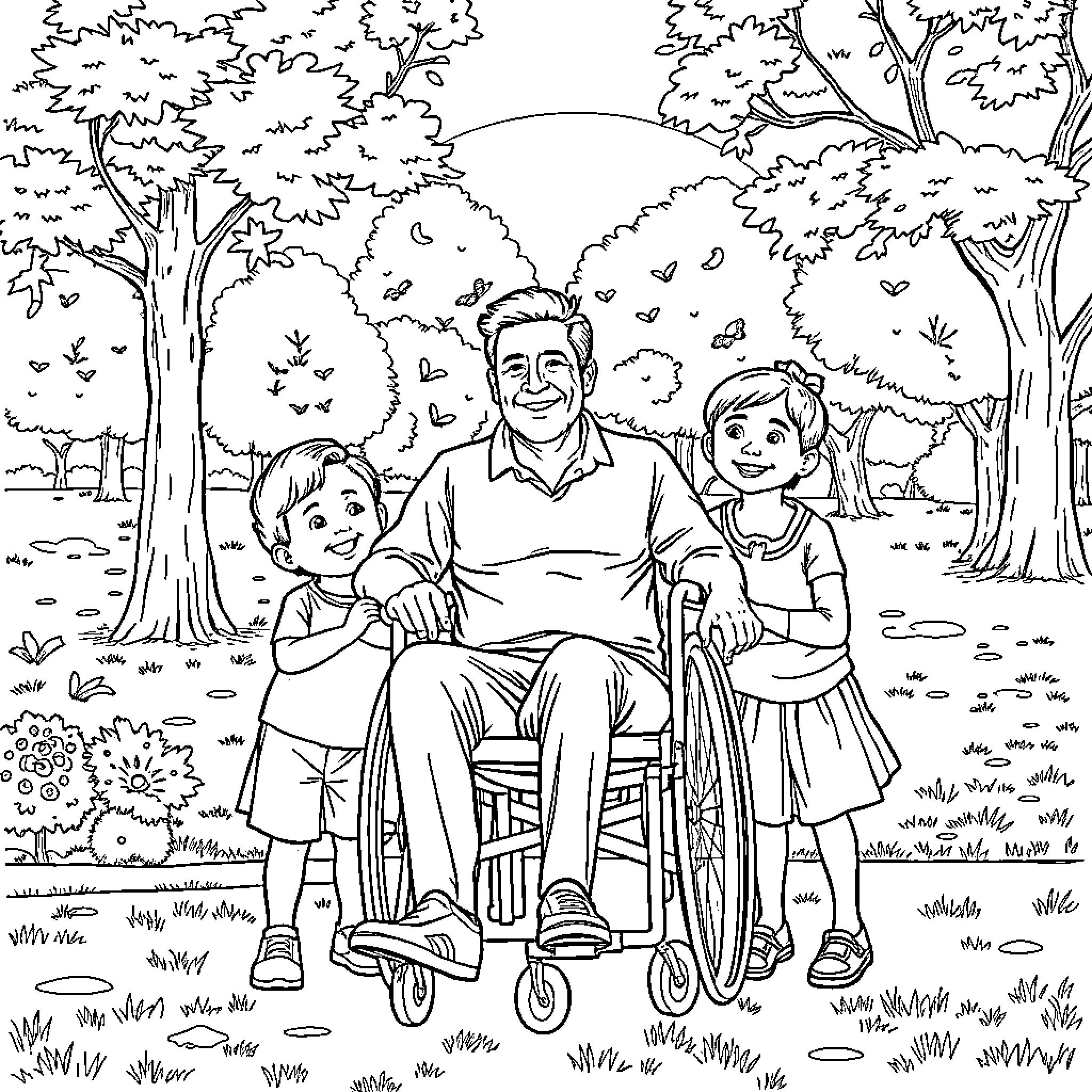 Man enjoying outdoor time with his children Coloring Page (free black-and-white line drawing printable PDF for all, from beginners to advanced learners, including children, teens, adults, and seniors)