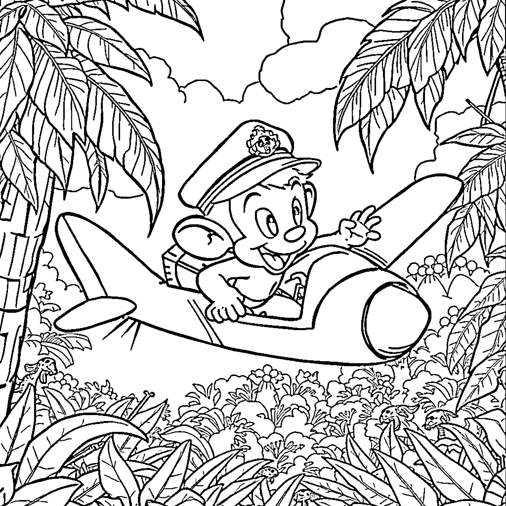 Mowgli exploring the jungle in an airplane Coloring Page (free black-and-white line drawing printable PDF for all, from beginners to advanced learners, including children, teens, adults, and seniors)