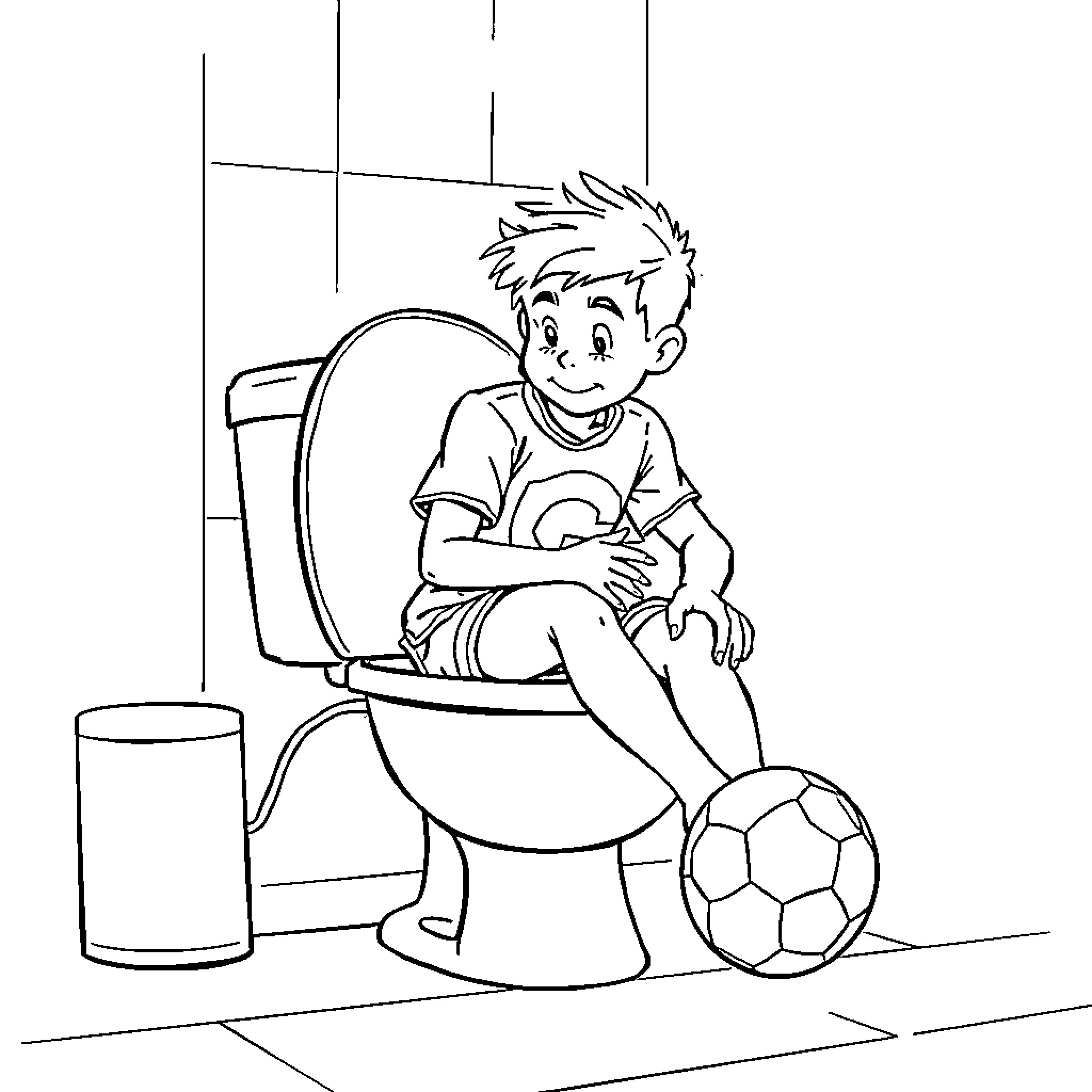 Jude Bellingham sitting on toilet with soccer ball Coloring Page (free black-and-white line drawing printable PDF for all, from beginners to advanced learners, including children, teens, adults, and seniors)