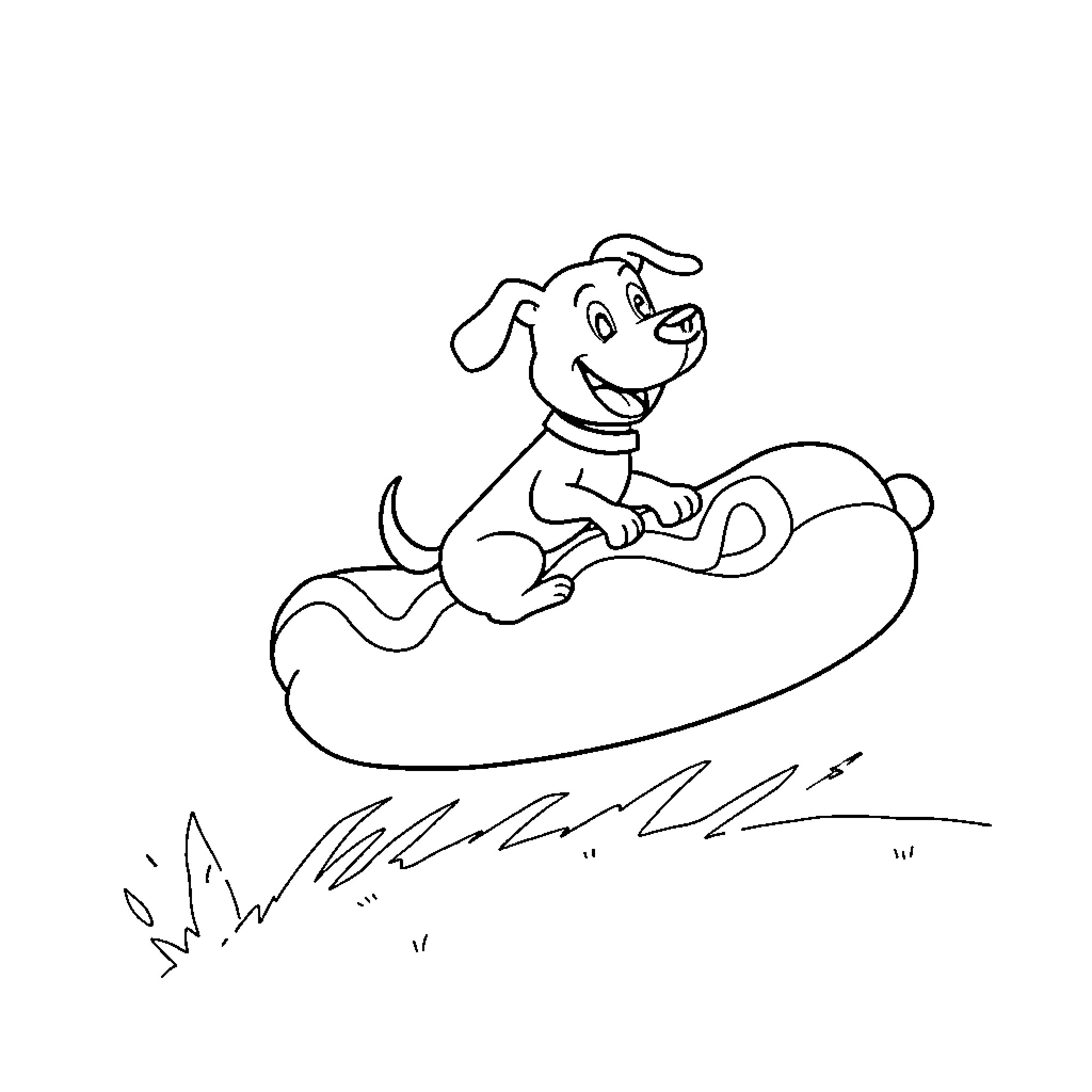 Dog riding a hot dog in the park Coloring Page (free black-and-white line drawing printable PDF for all, from beginners to advanced learners, including children, teens, adults, and seniors)