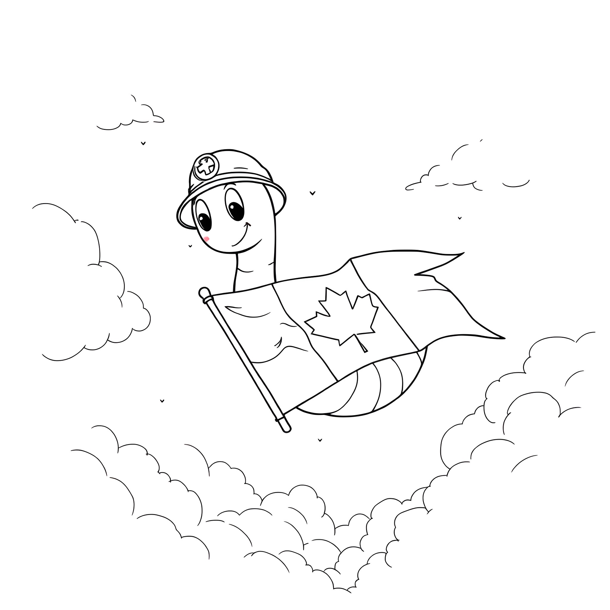 Worm flying a flag in the clouds Coloring Page (free black-and-white line drawing printable PDF for all, from beginners to advanced learners, including children, teens, adults, and seniors)