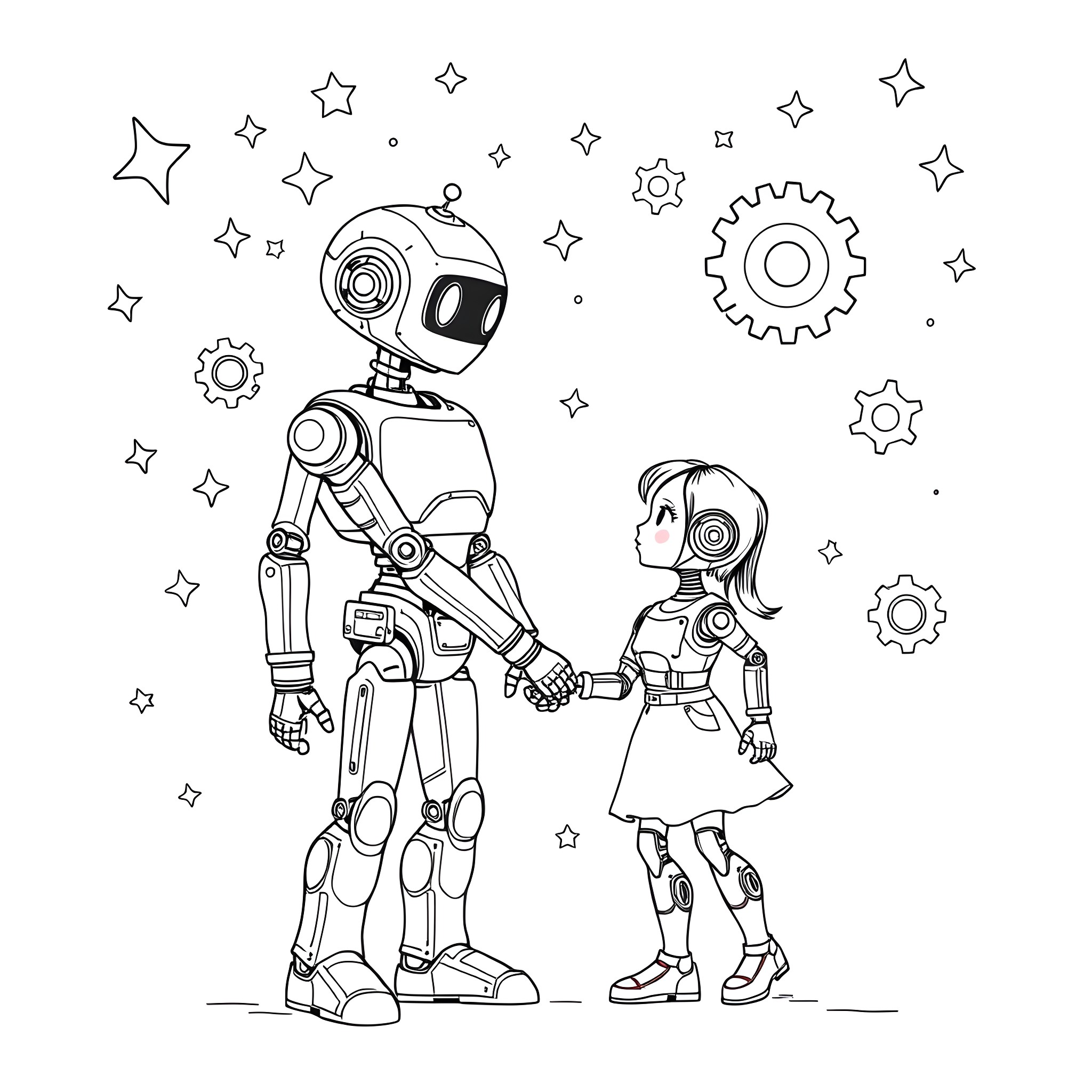Robot companions exploring the cosmos Coloring Page (free black-and-white line drawing printable PDF for all, from beginners to advanced learners, including children, teens, adults, and seniors)