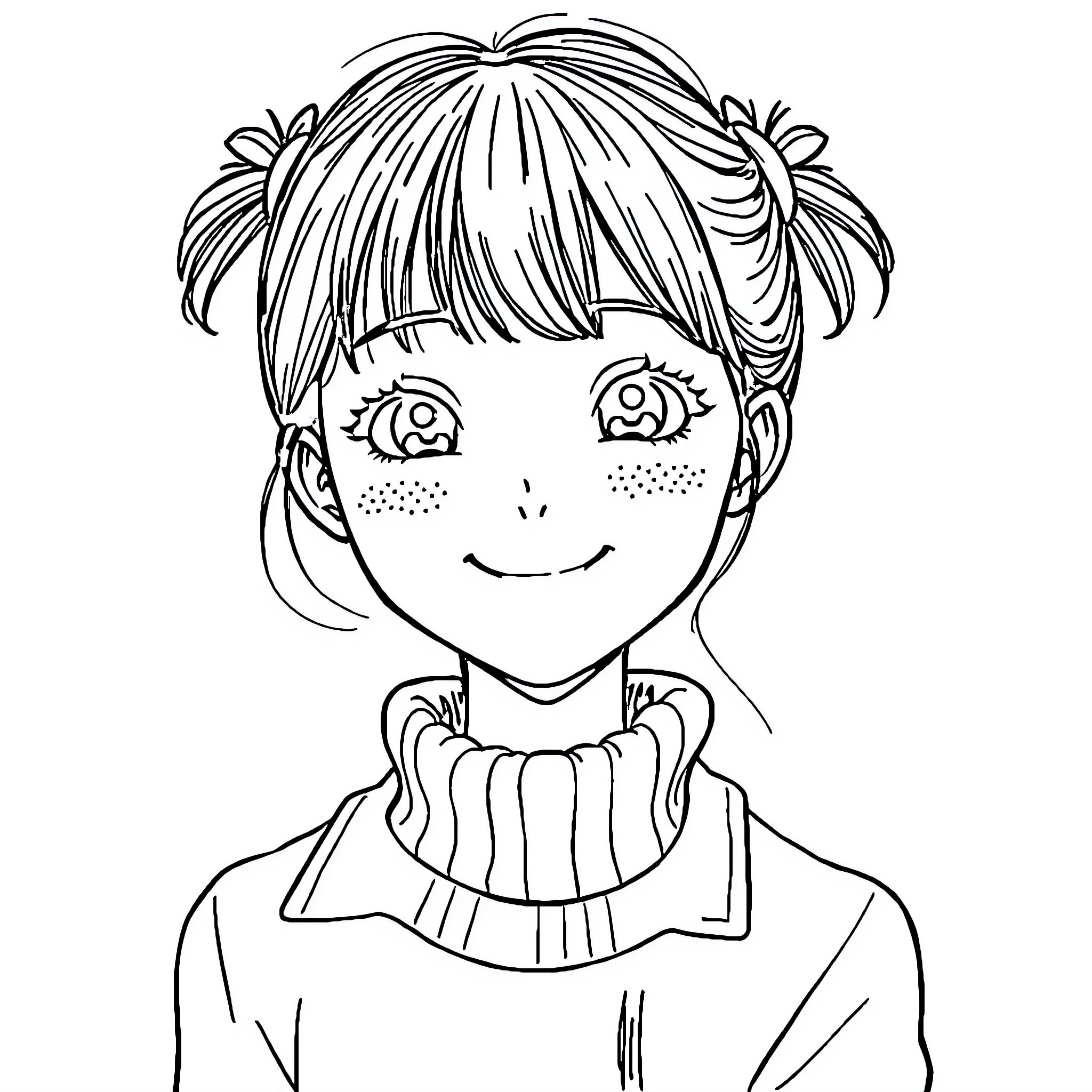 Girl with pigtails and a friendly expression Coloring Page (free black-and-white line drawing printable PDF for all, from beginners to advanced learners, including children, teens, adults, and seniors)