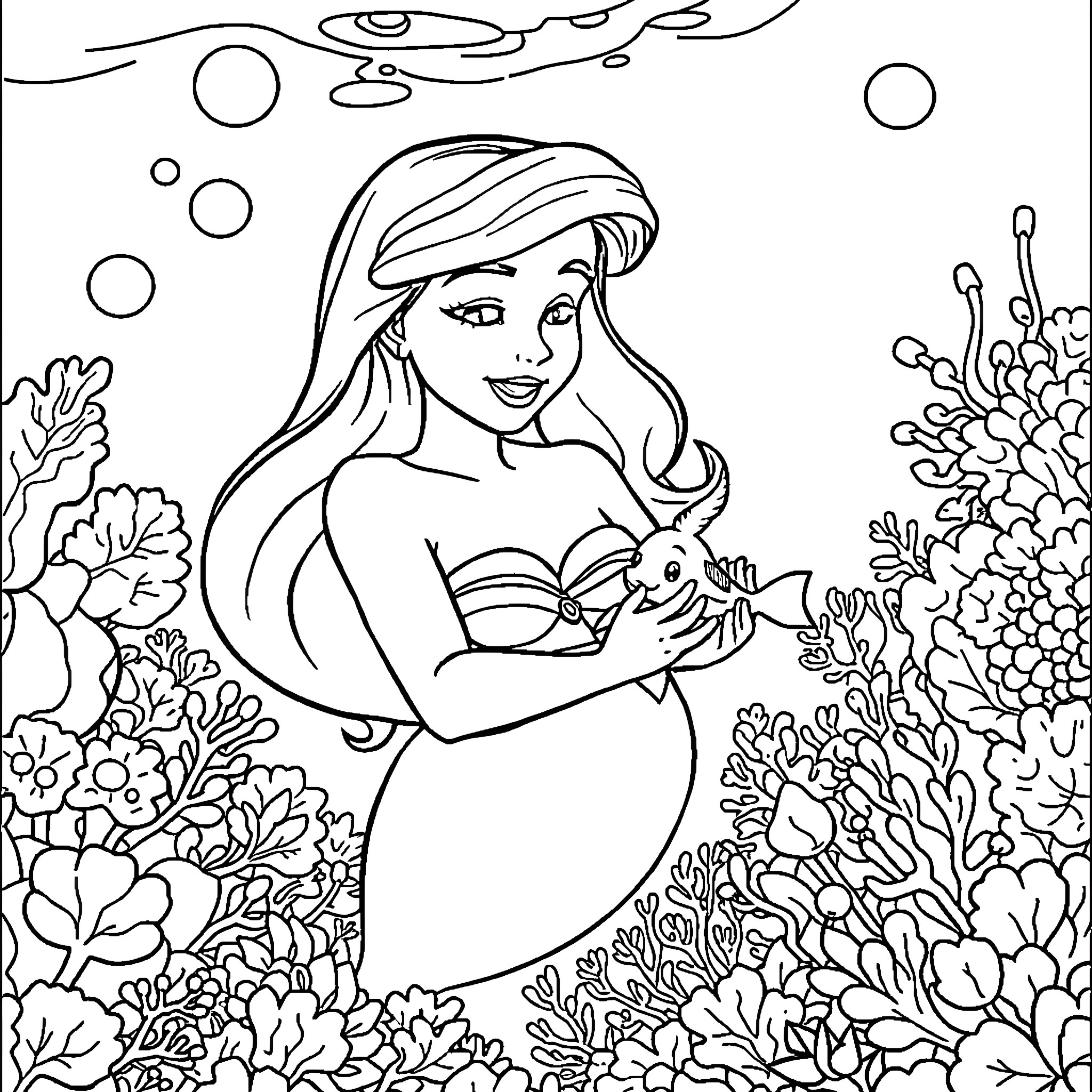 Ariel exploring the underwater coral reef with sea creatures Coloring Page (free black-and-white line drawing printable PDF for all, from beginners to advanced learners, including children, teens, adults, and seniors)