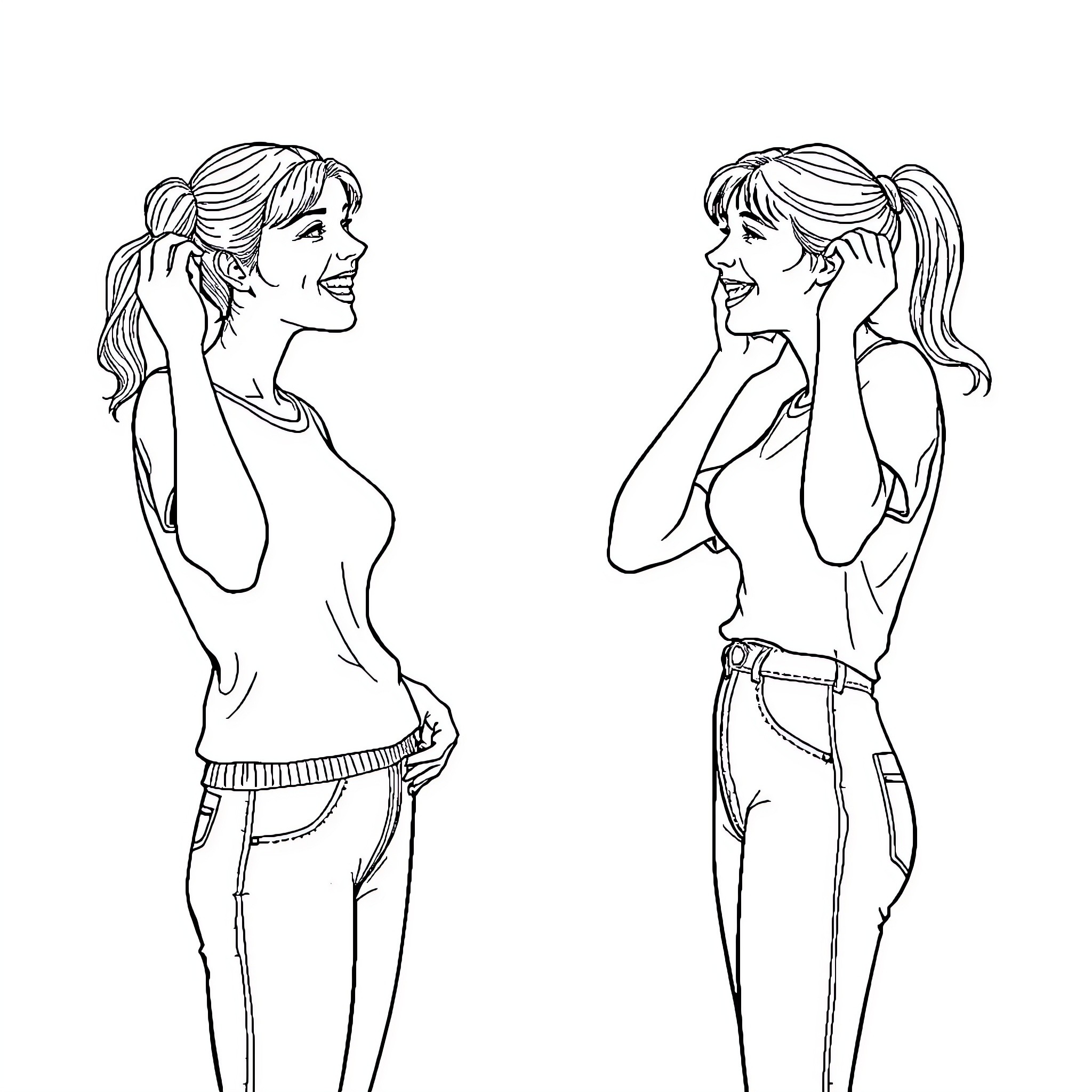 Woman sharing a joyful conversation with another woman Coloring Page (free black-and-white line drawing printable PDF for all, from beginners to advanced learners, including children, teens, adults, and seniors)