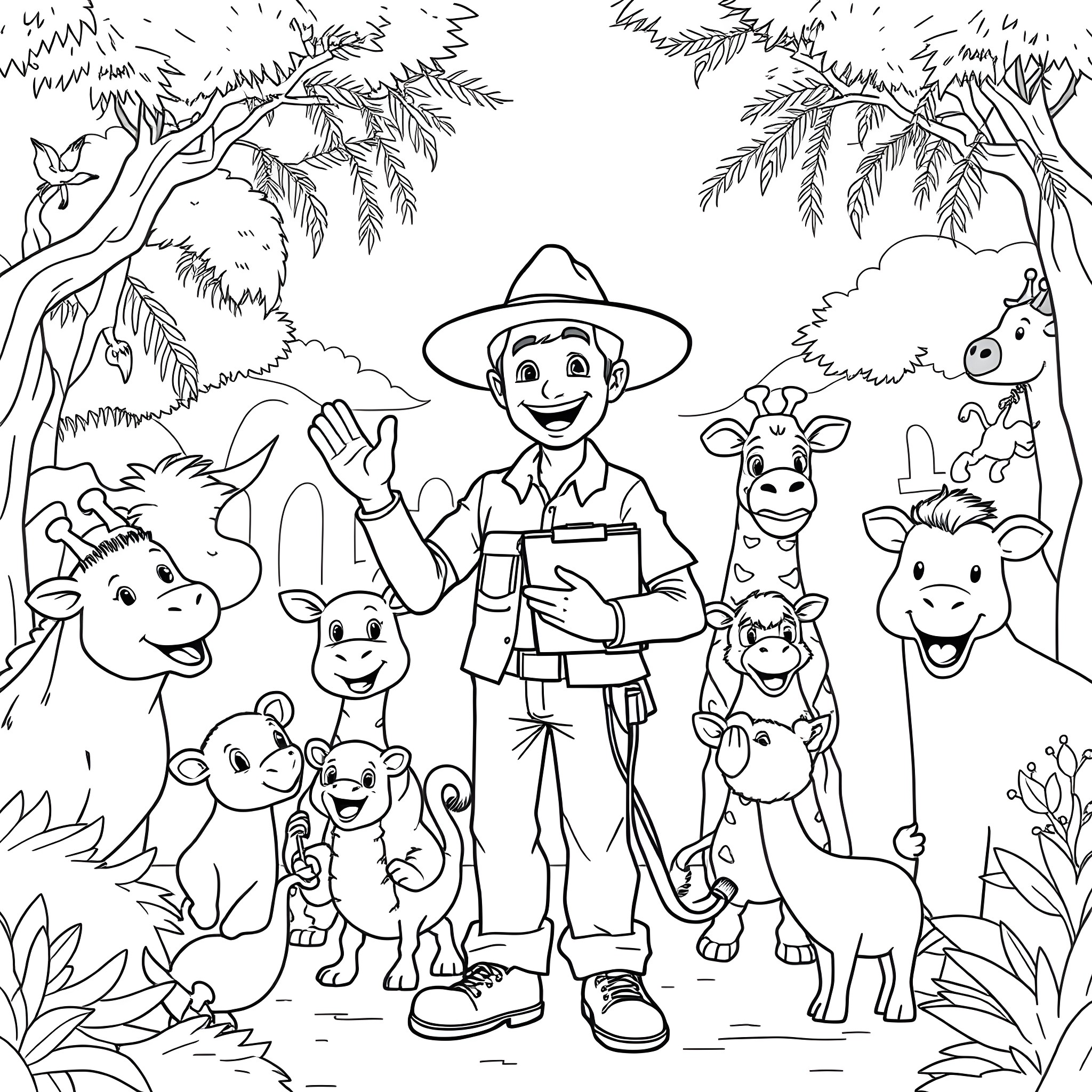 Zookeeper interacting with happy animals in the jungle Coloring Page (free black-and-white line drawing printable PDF for all, from beginners to advanced learners, including children, teens, adults, and seniors)