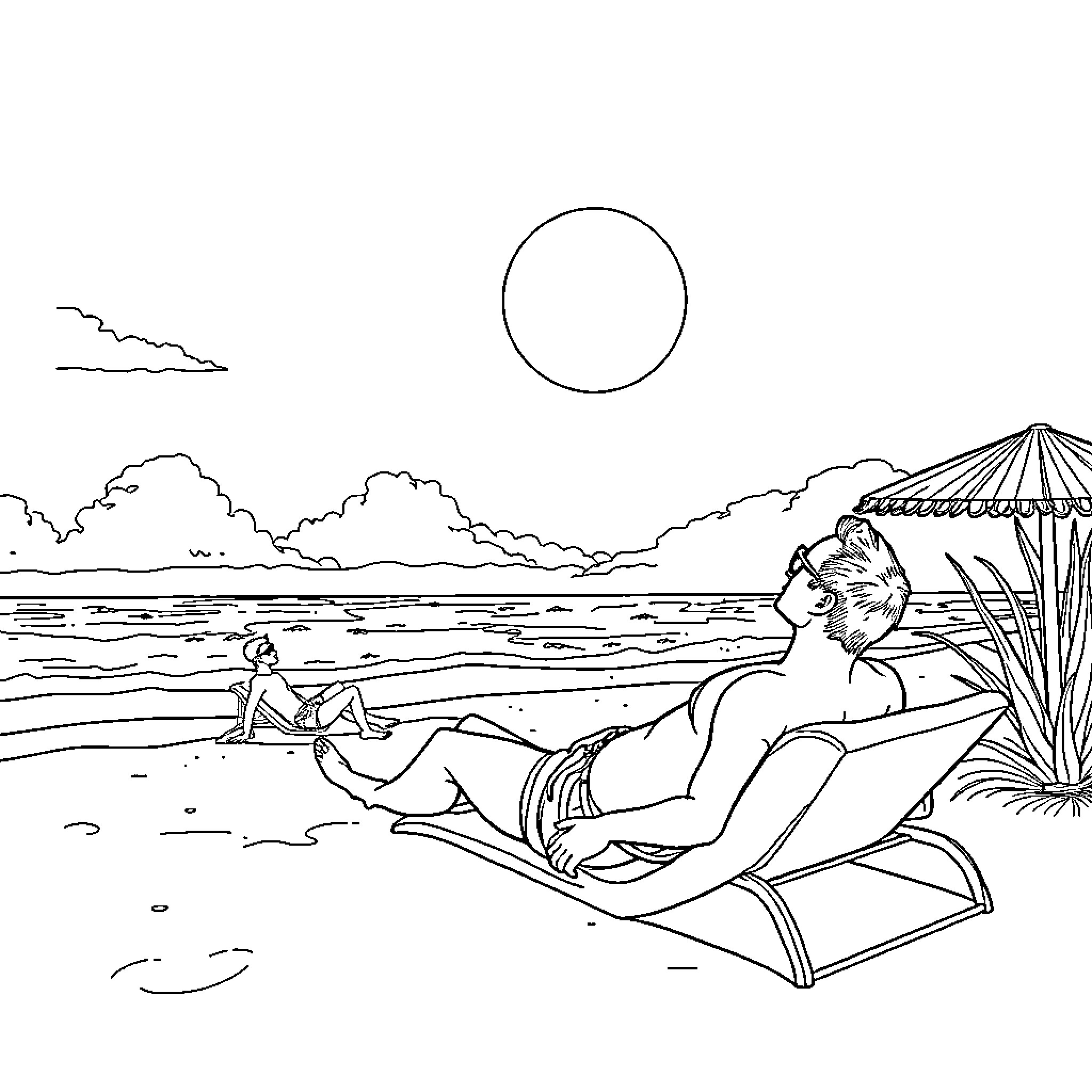 Man relaxing on the beach under the sun Coloring Page (free black-and-white line drawing printable PDF for all, from beginners to advanced learners, including children, teens, adults, and seniors)