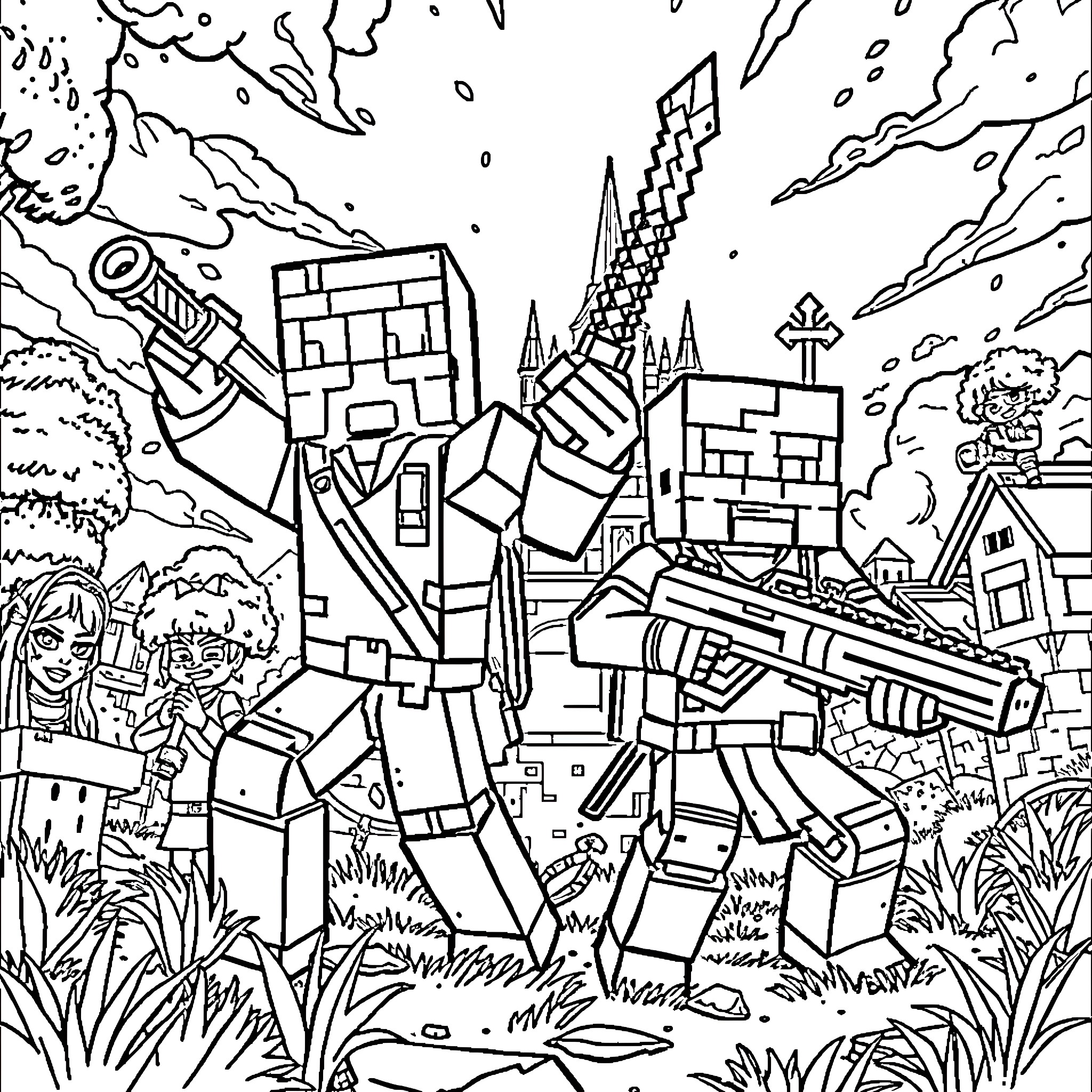 Minecraft characters battling in a fantasy landscape Coloring Page (free black-and-white line drawing printable PDF for all, from beginners to advanced learners, including children, teens, adults, and seniors)
