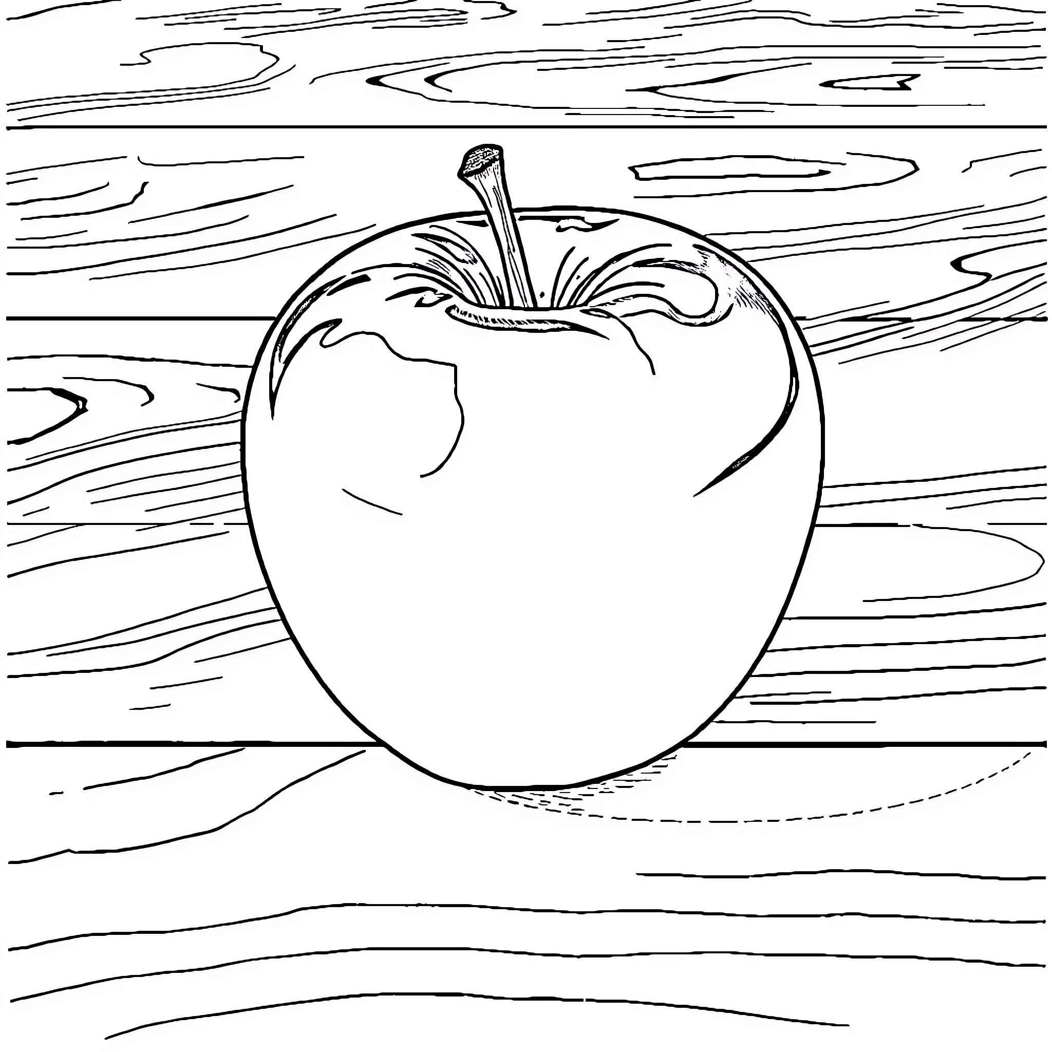 Apple on wooden background Coloring Page (free black-and-white line drawing printable PDF for all, from beginners to advanced learners, including children, teens, adults, and seniors)