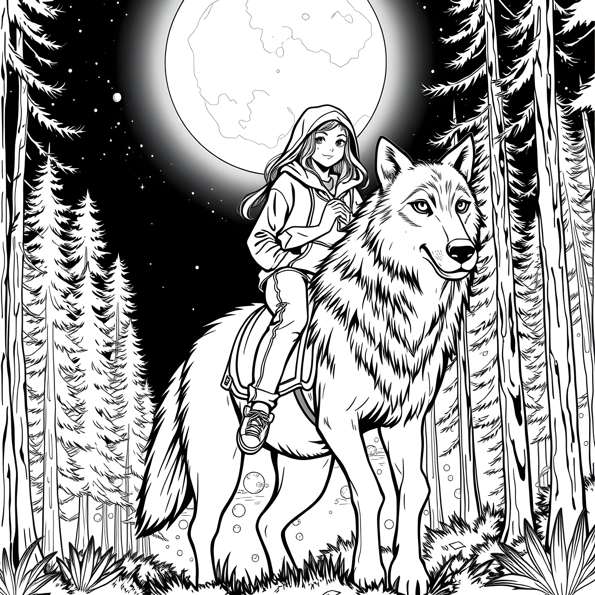 Teen Girl Rides Majestic Wolf under Moonlit Night Coloring Page (free black-and-white line drawing printable PDF for all, from beginners to advanced learners, including children, teens, adults, and seniors)