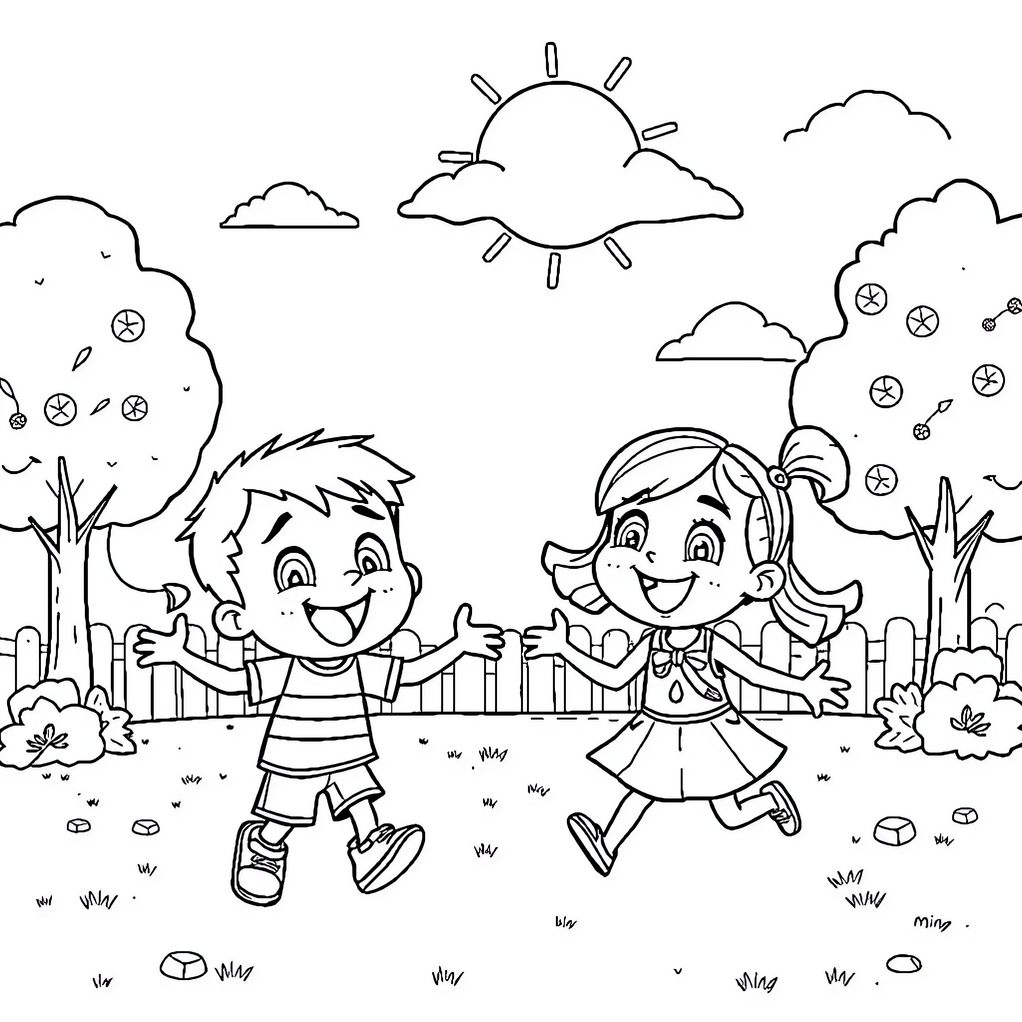 Bam Bam Kids Playing Happily in the Sunny Outdoors Coloring Page (free black-and-white line drawing printable PDF for all, from beginners to advanced learners, including children, teens, adults, and seniors)