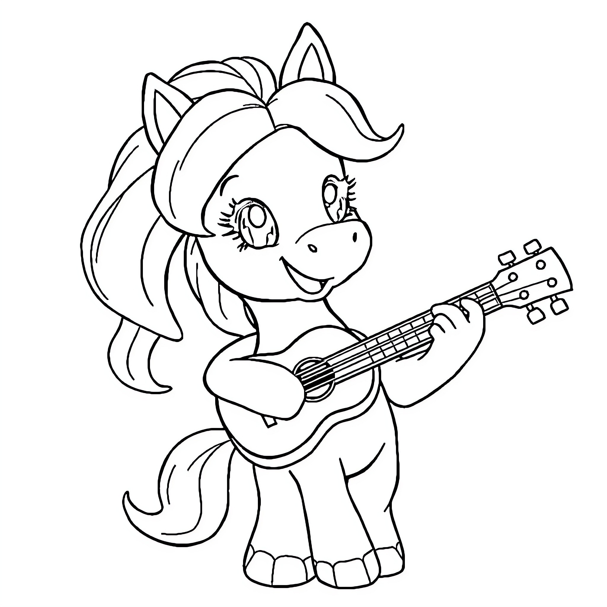 Pony playing guitar with cheerful expression Coloring Page (free black-and-white line drawing printable PDF for all, from beginners to advanced learners, including children, teens, adults, and seniors)