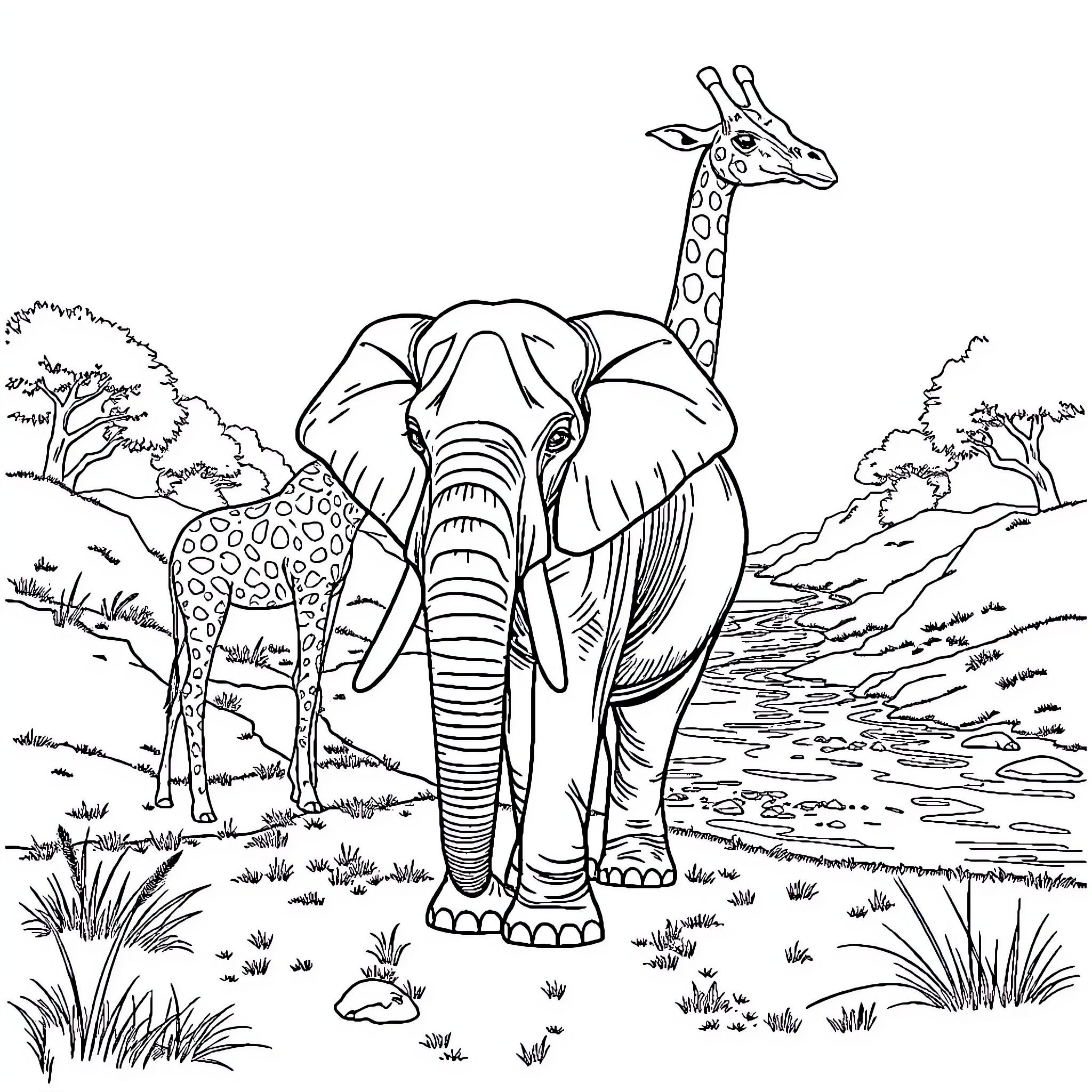 Elephant and Giraffe in African Savanna Coloring Page (free black-and-white line drawing printable PDF for all, from beginners to advanced learners, including children, teens, adults, and seniors)
