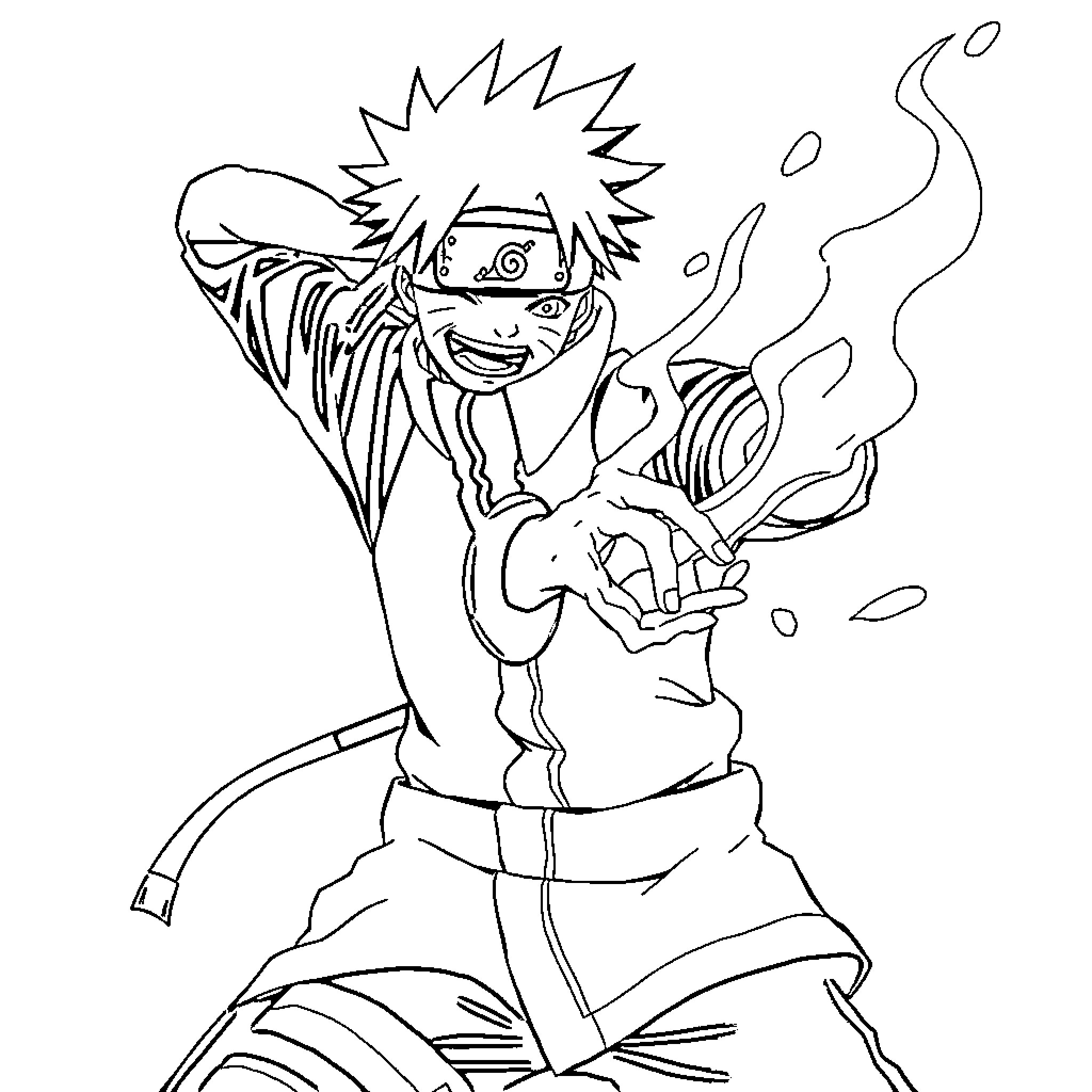 Naruto Using Ninja Techniques and Expressing Enthusiasm Coloring Page (free black-and-white line drawing printable PDF for all, from beginners to advanced learners, including children, teens, adults, and seniors)