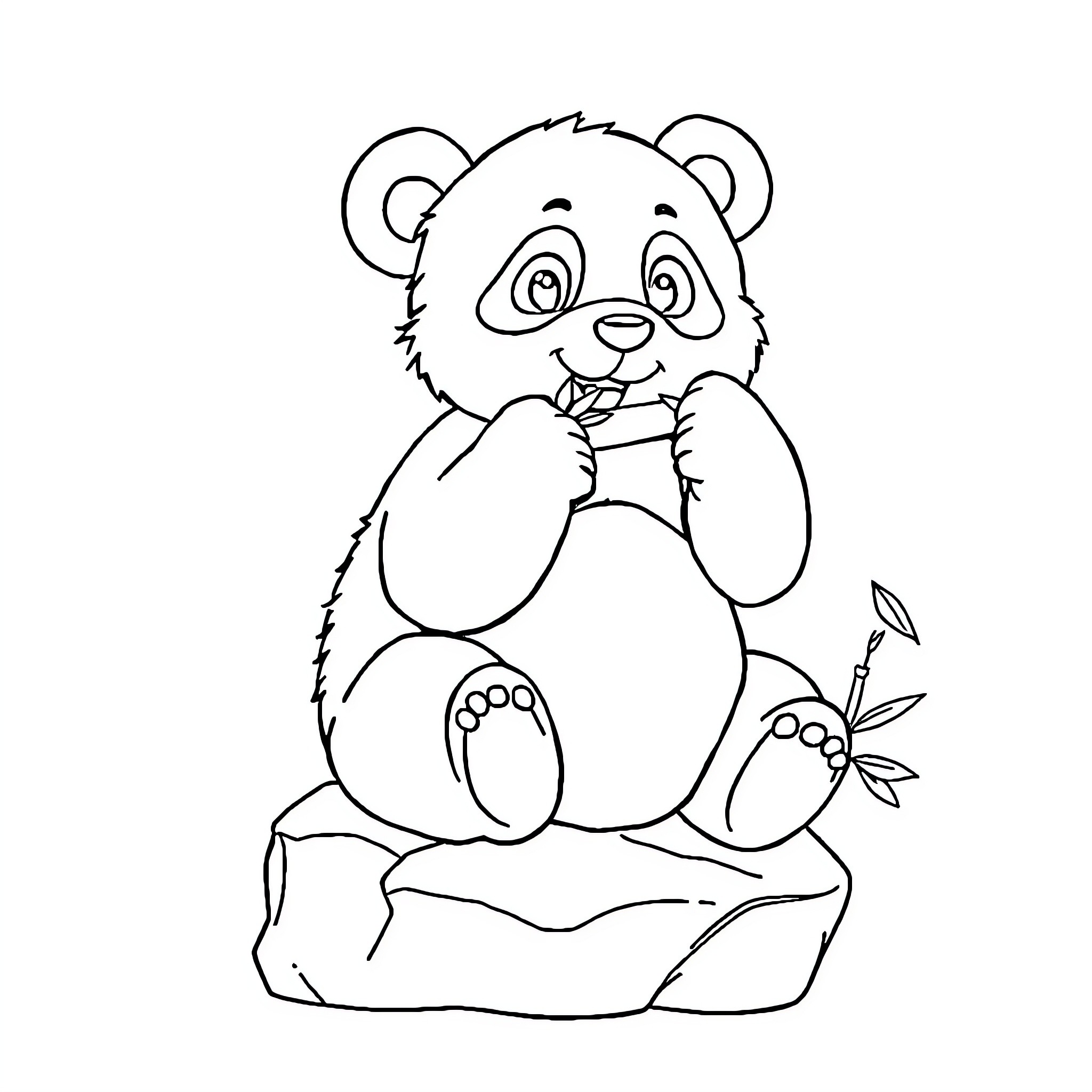 Panda Eating Bamboo on Rock Coloring Page (free black-and-white line drawing printable PDF for all, from beginners to advanced learners, including children, teens, adults, and seniors)