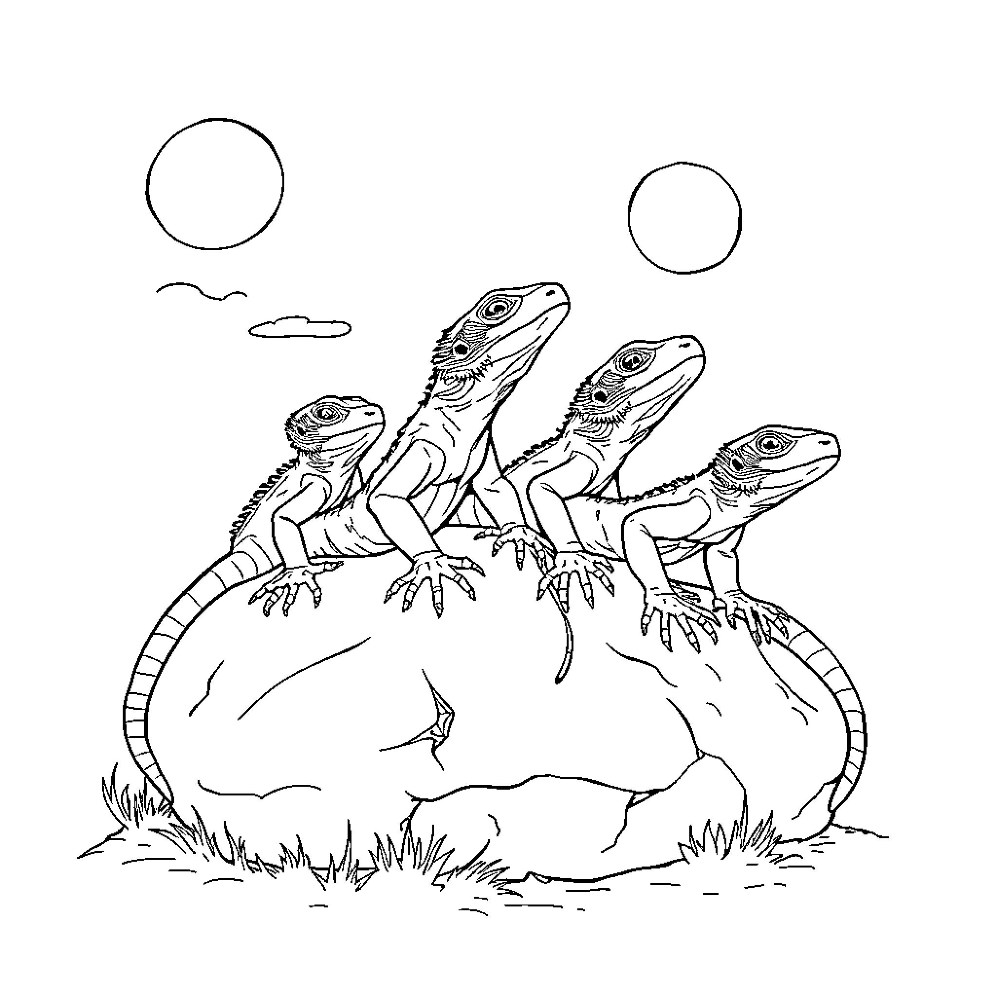 Lizard Family Gathering Under the Moonlight Coloring Page (free black-and-white line drawing printable PDF for all, from beginners to advanced learners, including children, teens, adults, and seniors)