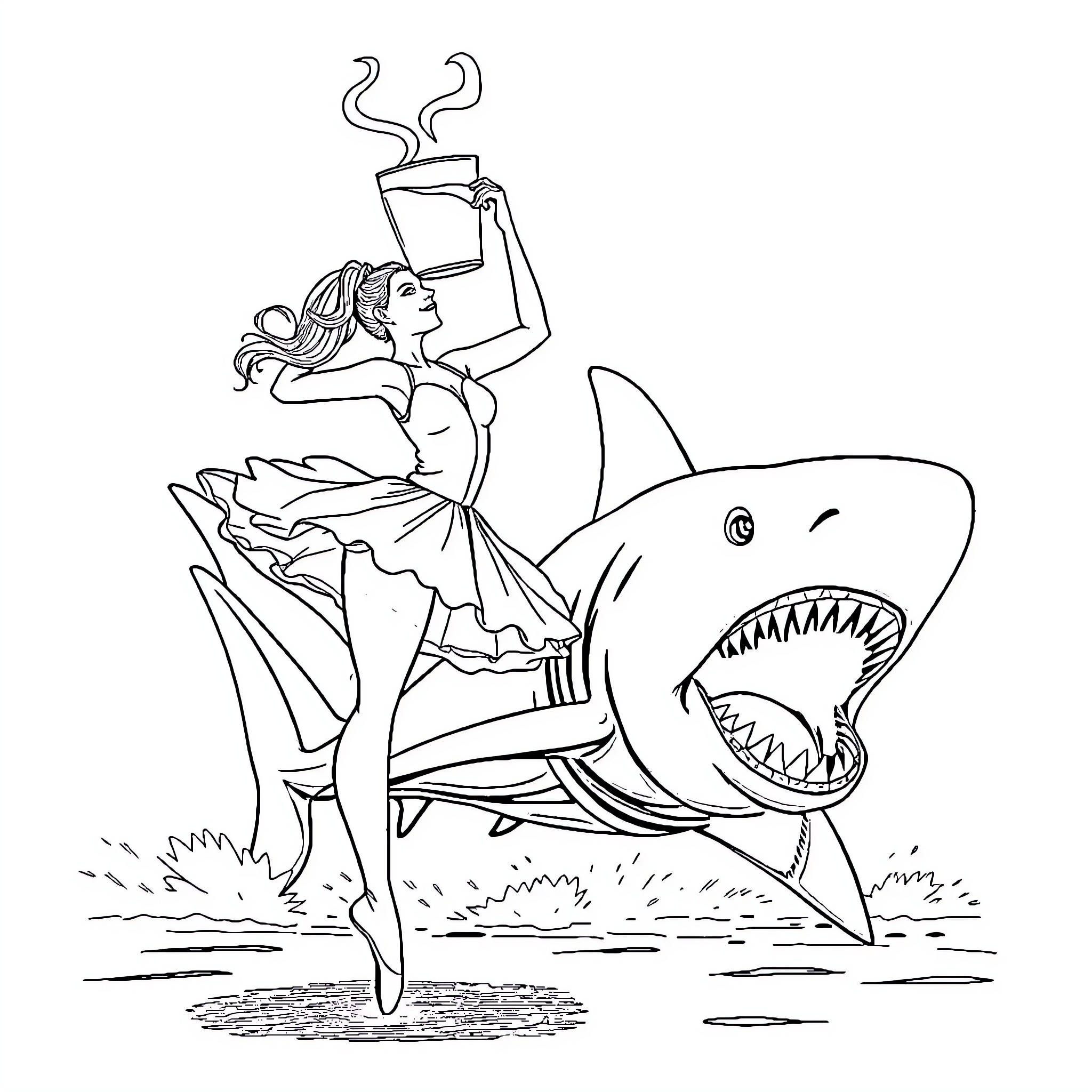Ballerina dancing with a shark Coloring Page (free black-and-white line drawing printable PDF for all, from beginners to advanced learners, including children, teens, adults, and seniors)