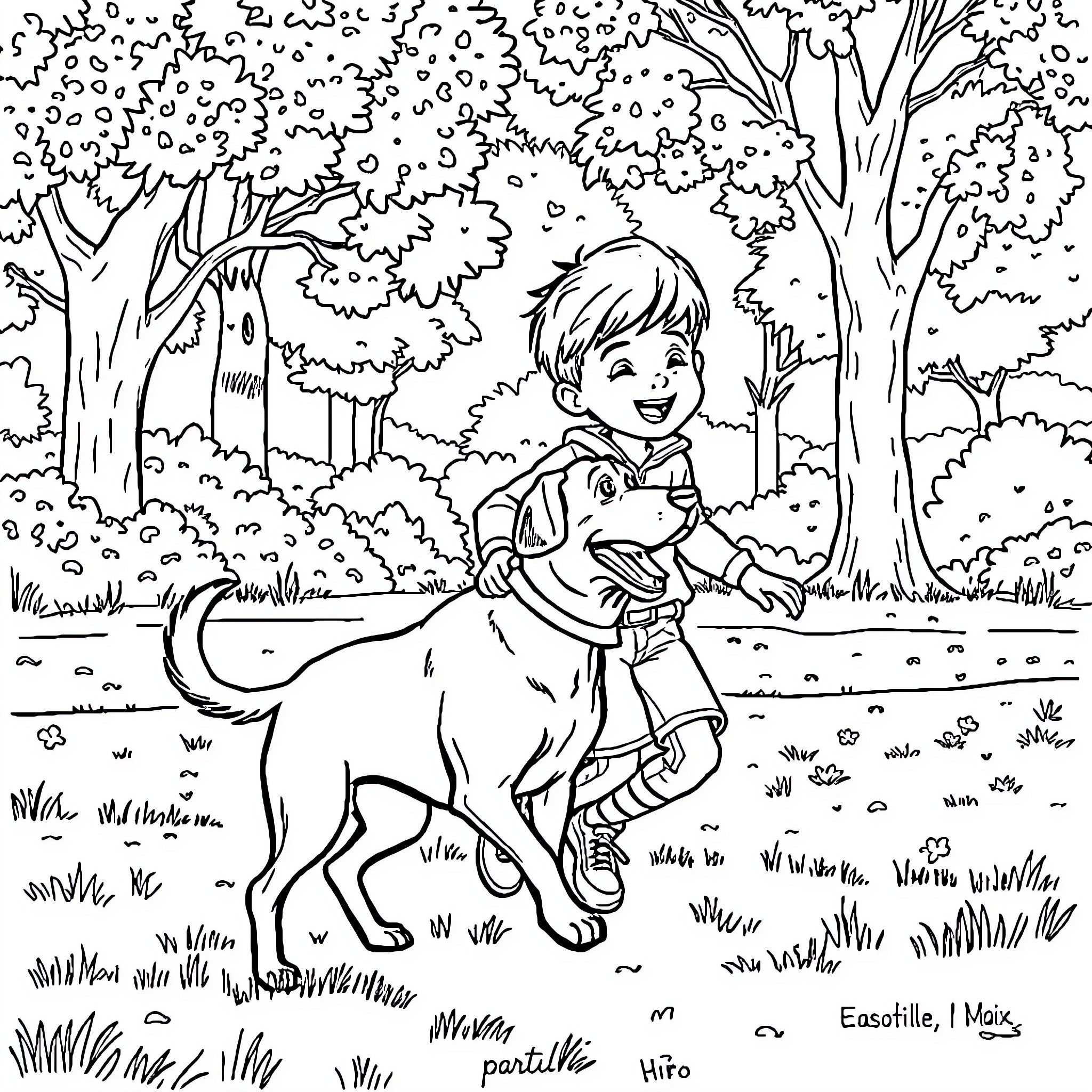 Boy riding a horse in a forest Coloring Page (free black-and-white line drawing printable PDF for all, from beginners to advanced learners, including children, teens, adults, and seniors)