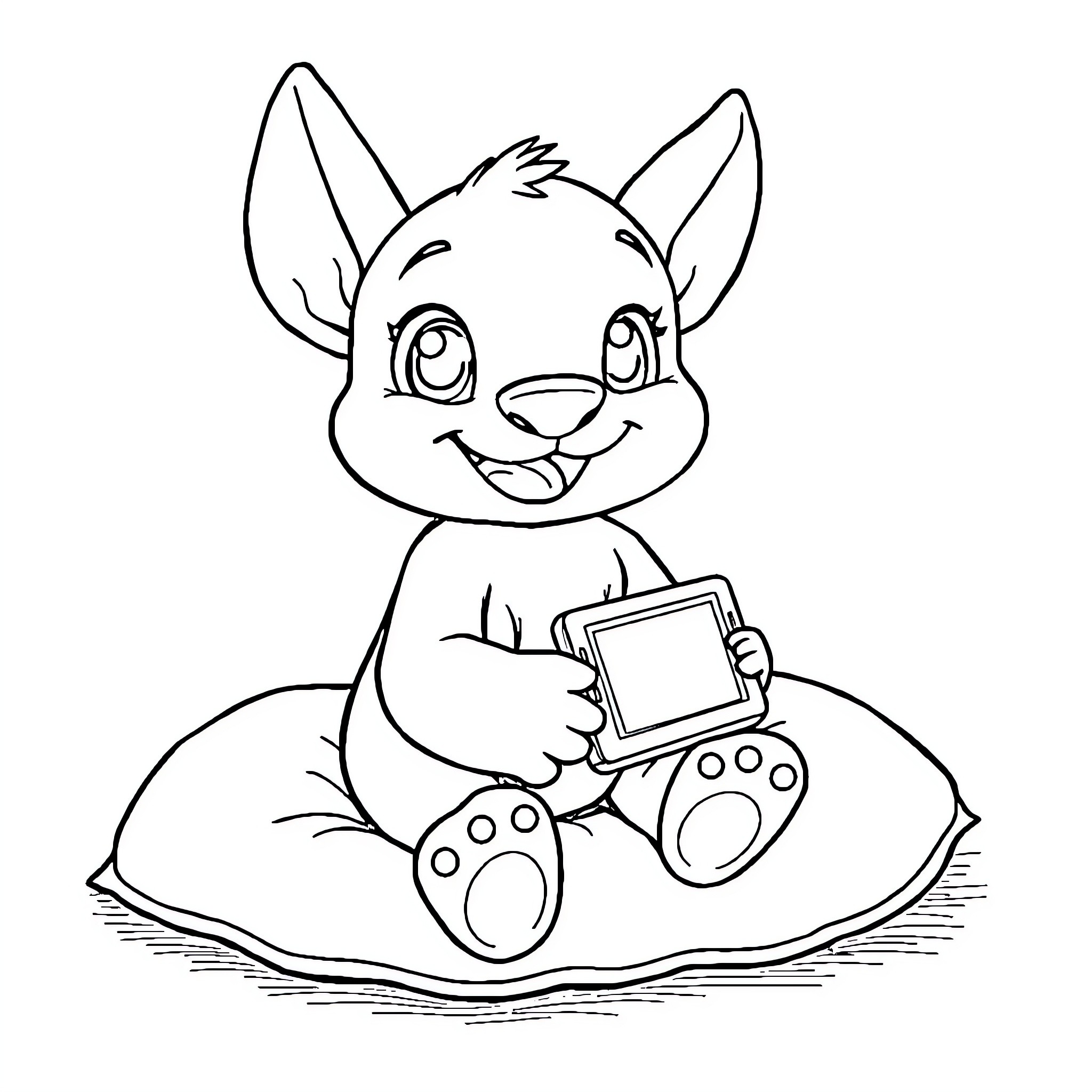 Bluey playing with digital device happily Coloring Page (free black-and-white line drawing printable PDF for all, from beginners to advanced learners, including children, teens, adults, and seniors)