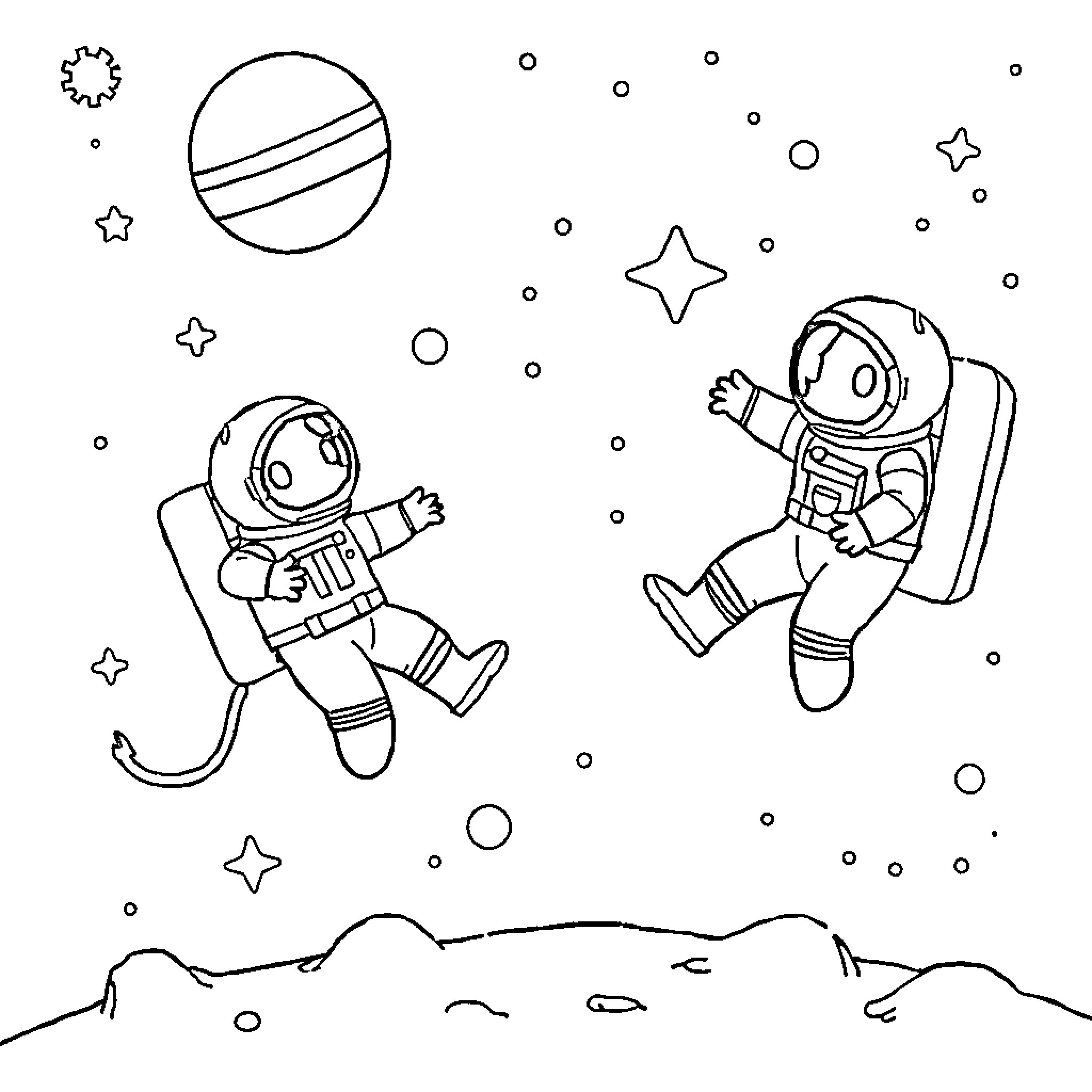 Astronauts exploring the cosmos and outer space Coloring Page (free black-and-white line drawing printable PDF for all, from beginners to advanced learners, including children, teens, adults, and seniors)
