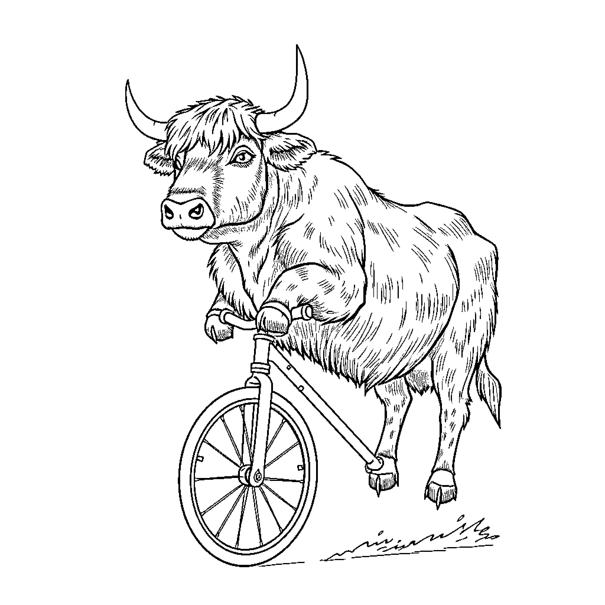 Highland Cow riding a unicycle Coloring Page (free black-and-white line drawing printable PDF for all, from beginners to advanced learners, including children, teens, adults, and seniors)