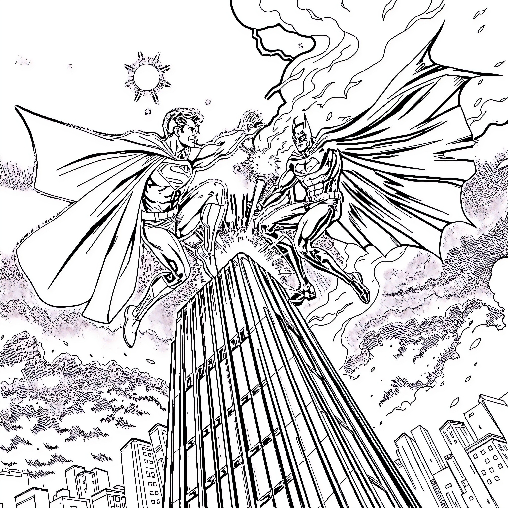 Superman and Batman in an epic battle over the city Coloring Page (free black-and-white line drawing printable PDF for all, from beginners to advanced learners, including children, teens, adults, and seniors)