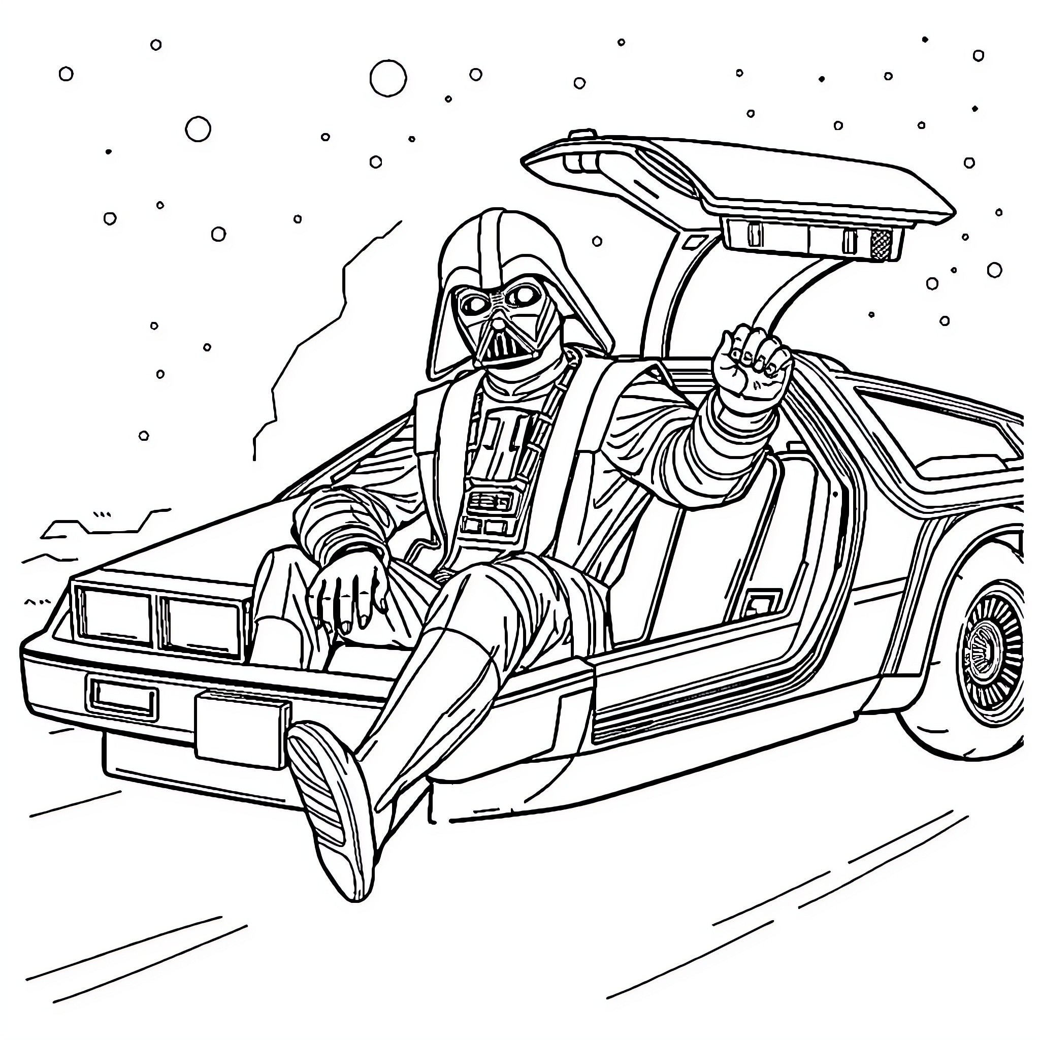 Earth Vader driving futuristic vehicle in space Coloring Page (free black-and-white line drawing printable PDF for all, from beginners to advanced learners, including children, teens, adults, and seniors)