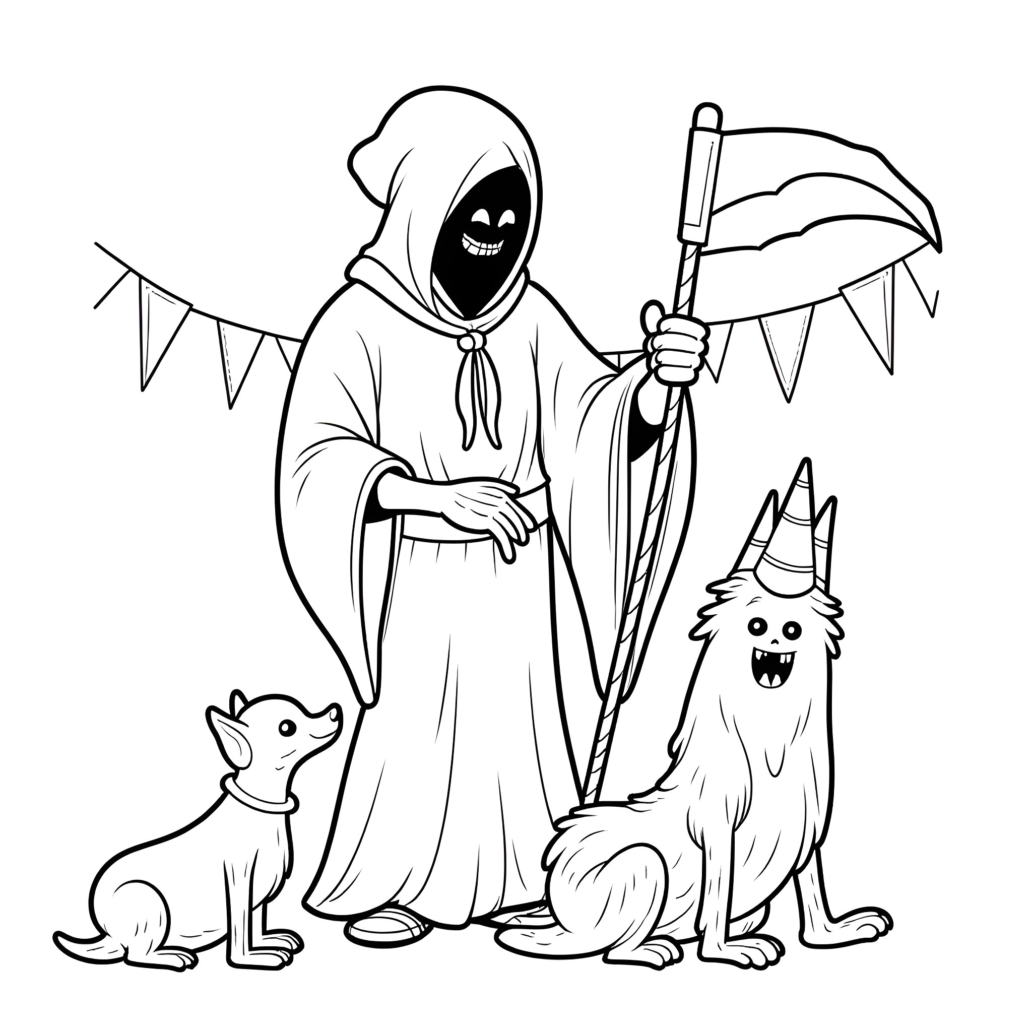 Jack the Grim Reaper celebrates Halloween with his pets Coloring Page (free black-and-white line drawing printable PDF for all, from beginners to advanced learners, including children, teens, adults, and seniors)