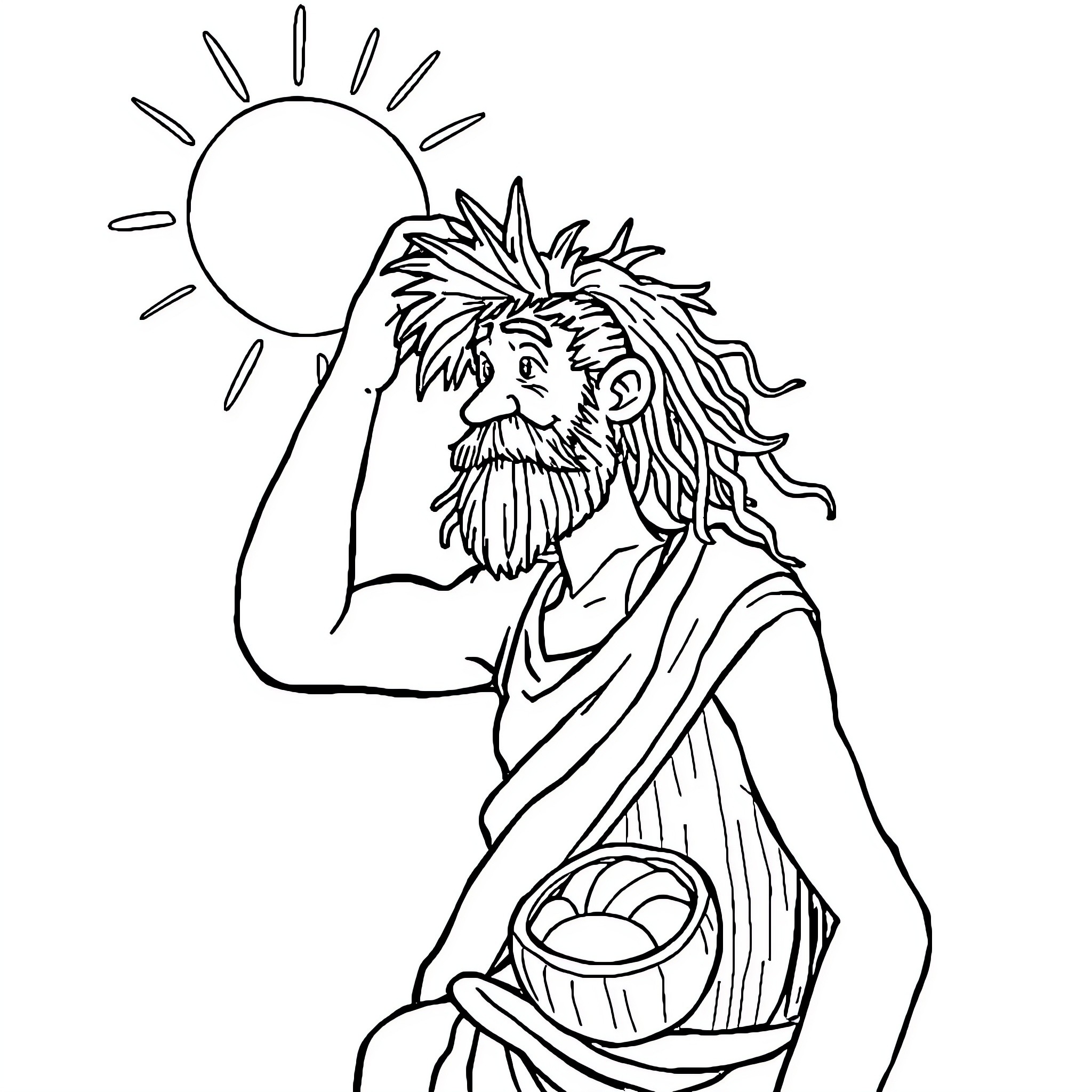 Coconut Man enjoying the sun with a coconut Coloring Page (free black-and-white line drawing printable PDF for all, from beginners to advanced learners, including children, teens, adults, and seniors)