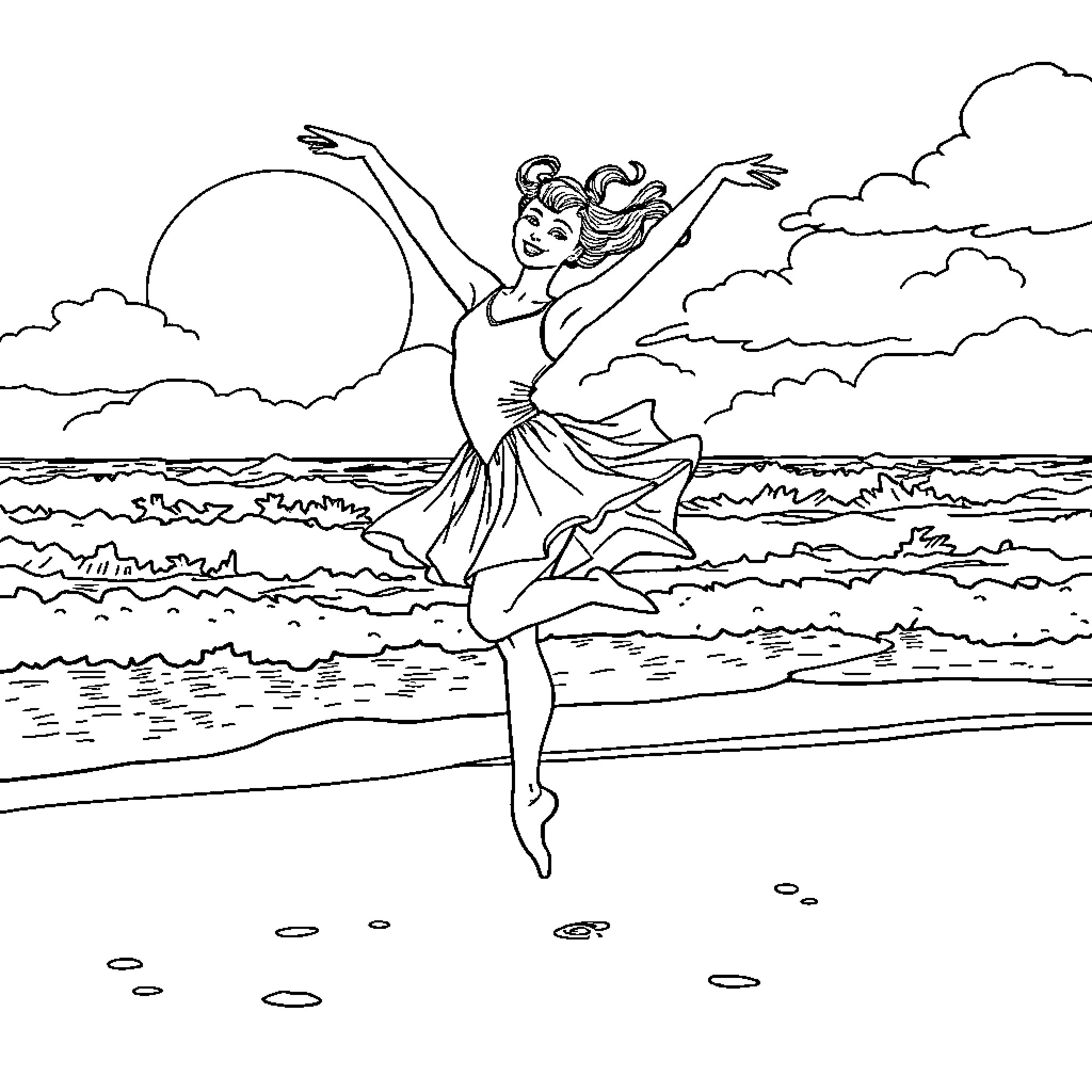 Ballet Dancer Performing Graceful Moves on Beach Coloring Page (free black-and-white line drawing printable PDF for all, from beginners to advanced learners, including children, teens, adults, and seniors)