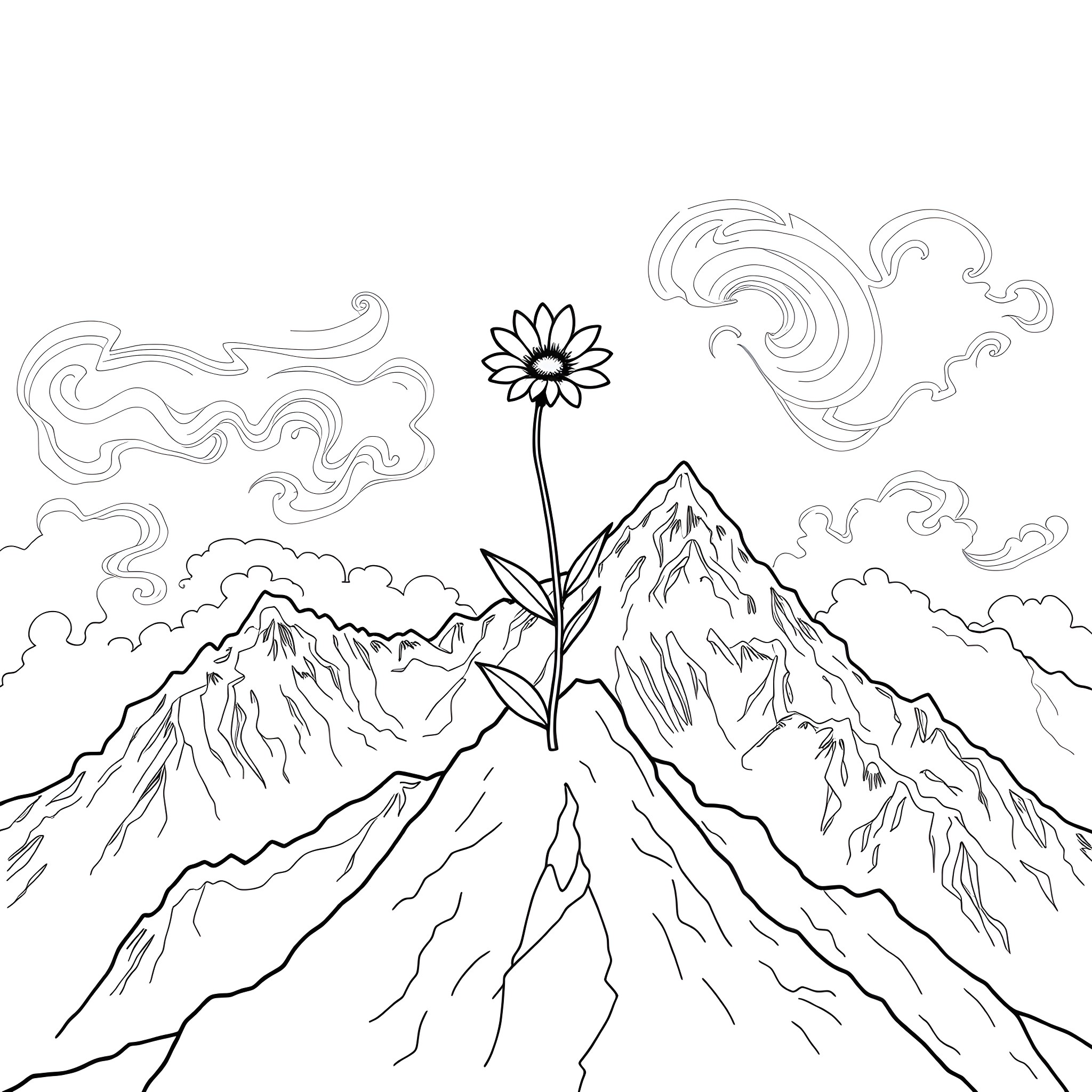 Flower blooming amidst mountainous landscape Coloring Page (free black-and-white line drawing printable PDF for all, from beginners to advanced learners, including children, teens, adults, and seniors)