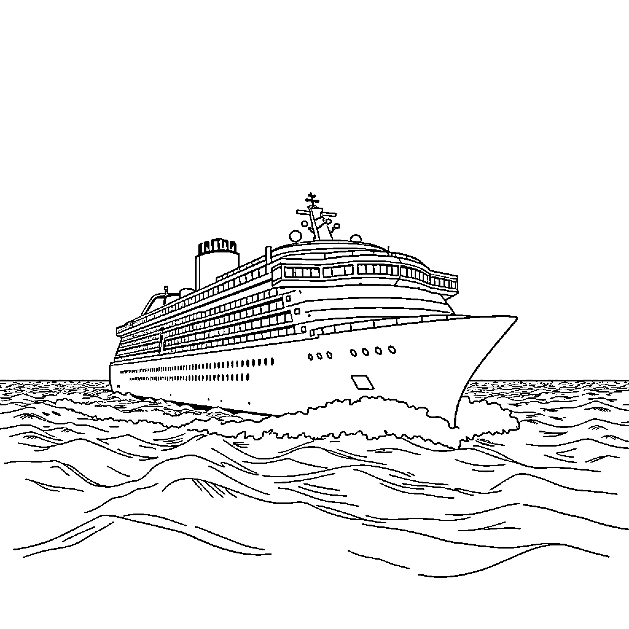 Cruise Ship Sailing on Waves Coloring Page (free black-and-white line drawing printable PDF for all, from beginners to advanced learners, including children, teens, adults, and seniors)