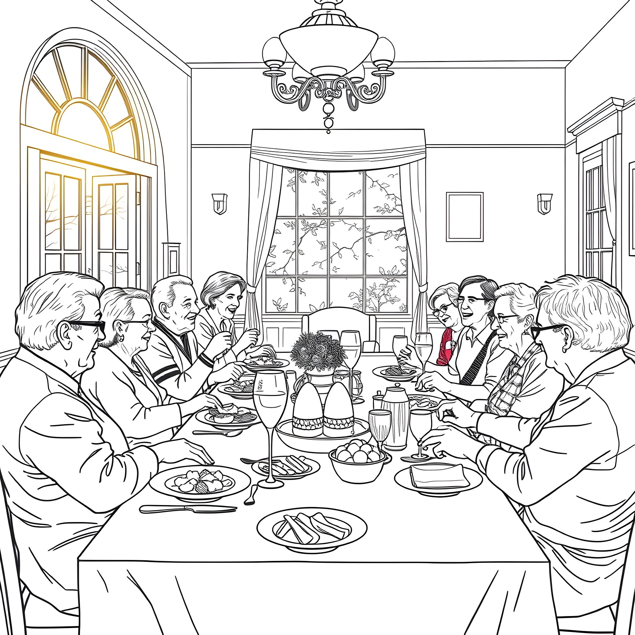 Senior Citizens Enjoying a Formal Dinner Gathering Coloring Page (free black-and-white line drawing printable PDF for all, from beginners to advanced learners, including children, teens, adults, and seniors)