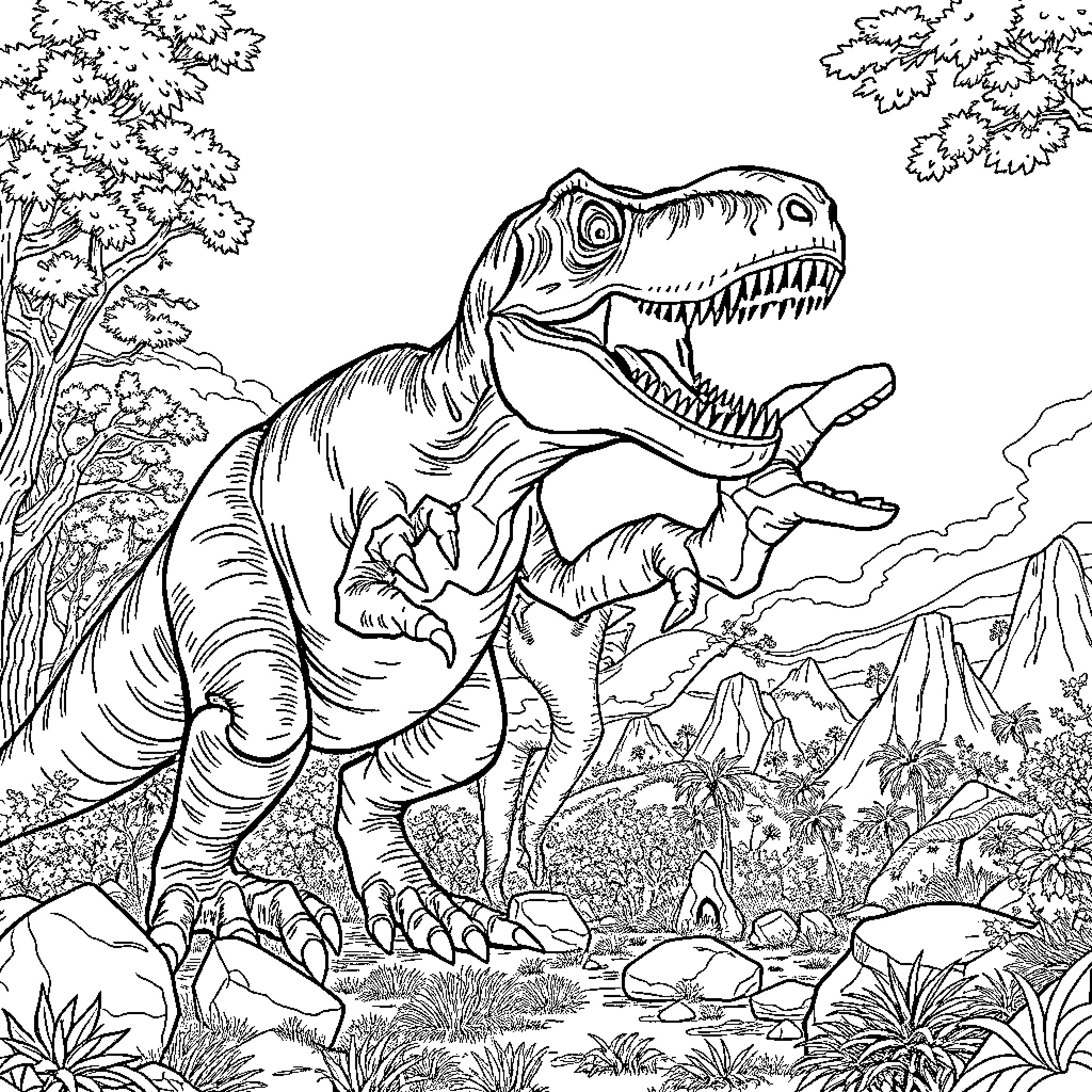 Tyrannosaurus roaring aggressively in prehistoric landscape Coloring Page (free black-and-white line drawing printable PDF for all, from beginners to advanced learners, including children, teens, adults, and seniors)