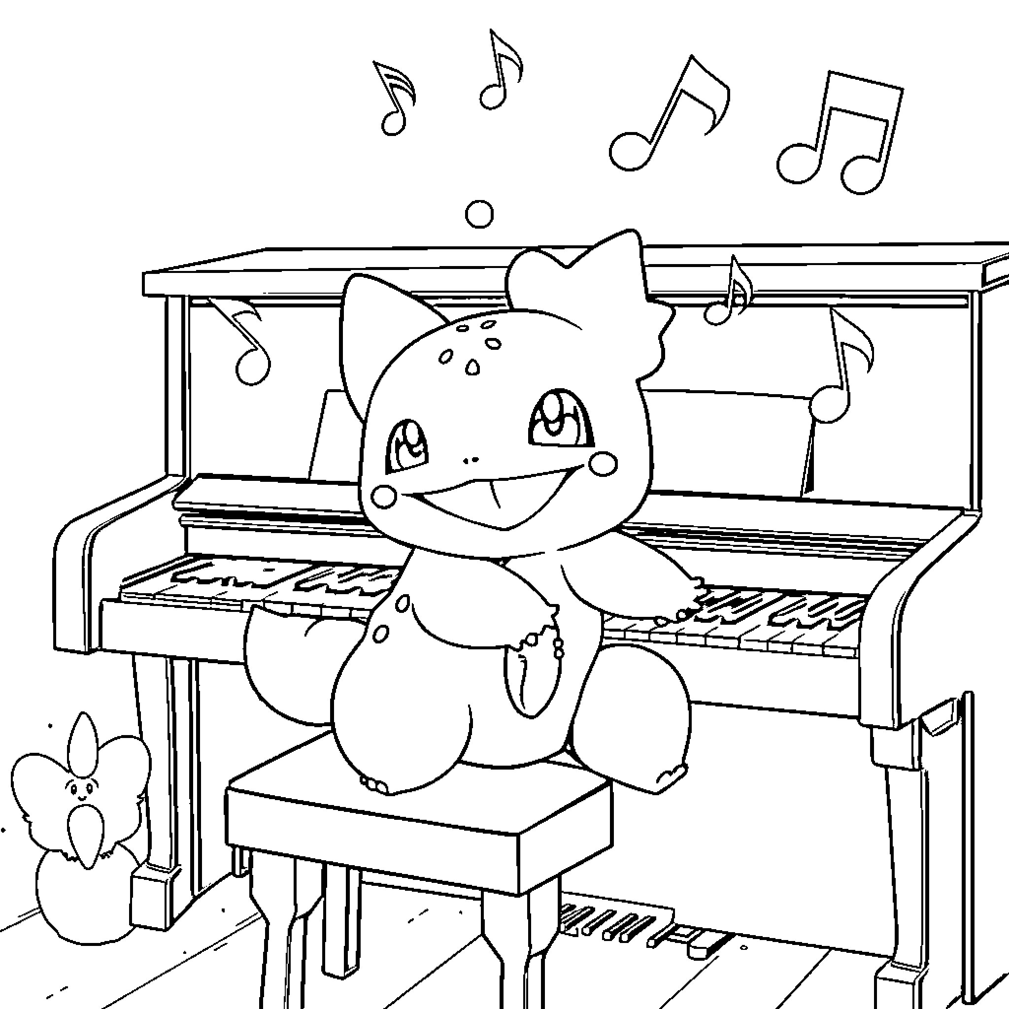 Bulbasaur playing joyfully on the piano Coloring Page (free black-and-white line drawing printable PDF for all, from beginners to advanced learners, including children, teens, adults, and seniors)