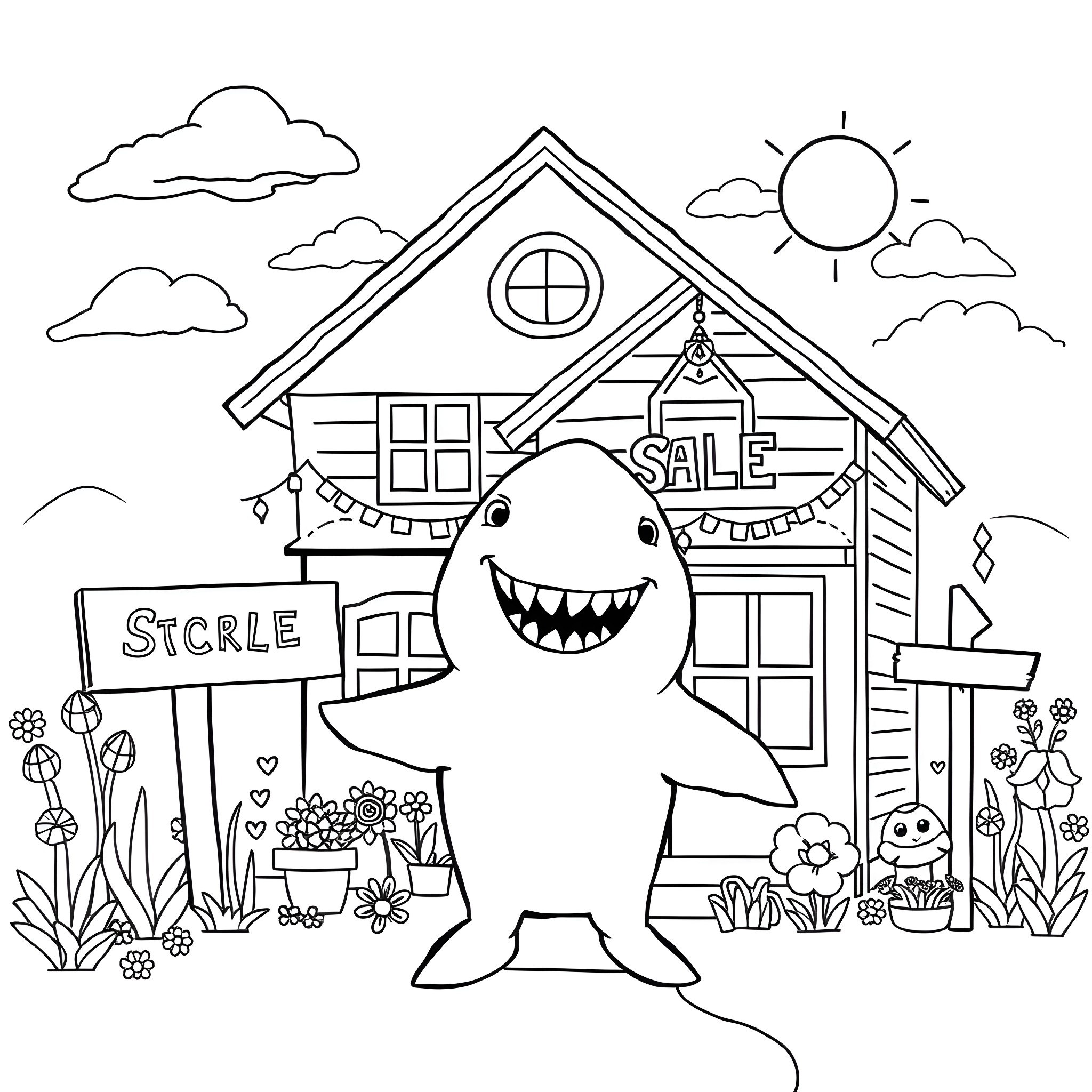 Shark advertising sale at cottage in nature Coloring Page (free black-and-white line drawing printable PDF for all, from beginners to advanced learners, including children, teens, adults, and seniors)
