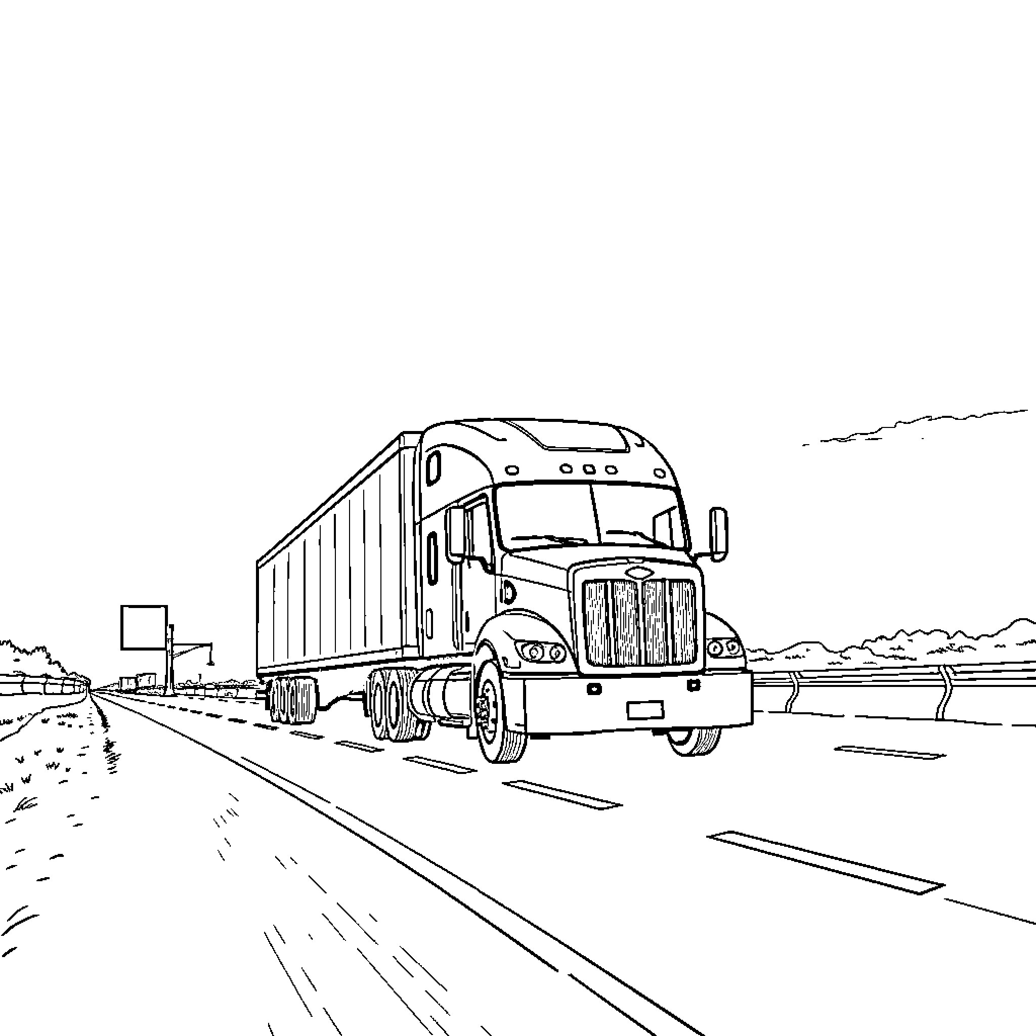 Truck hauling cargo on rural highway Coloring Page (free black-and-white line drawing printable PDF for all, from beginners to advanced learners, including children, teens, adults, and seniors)