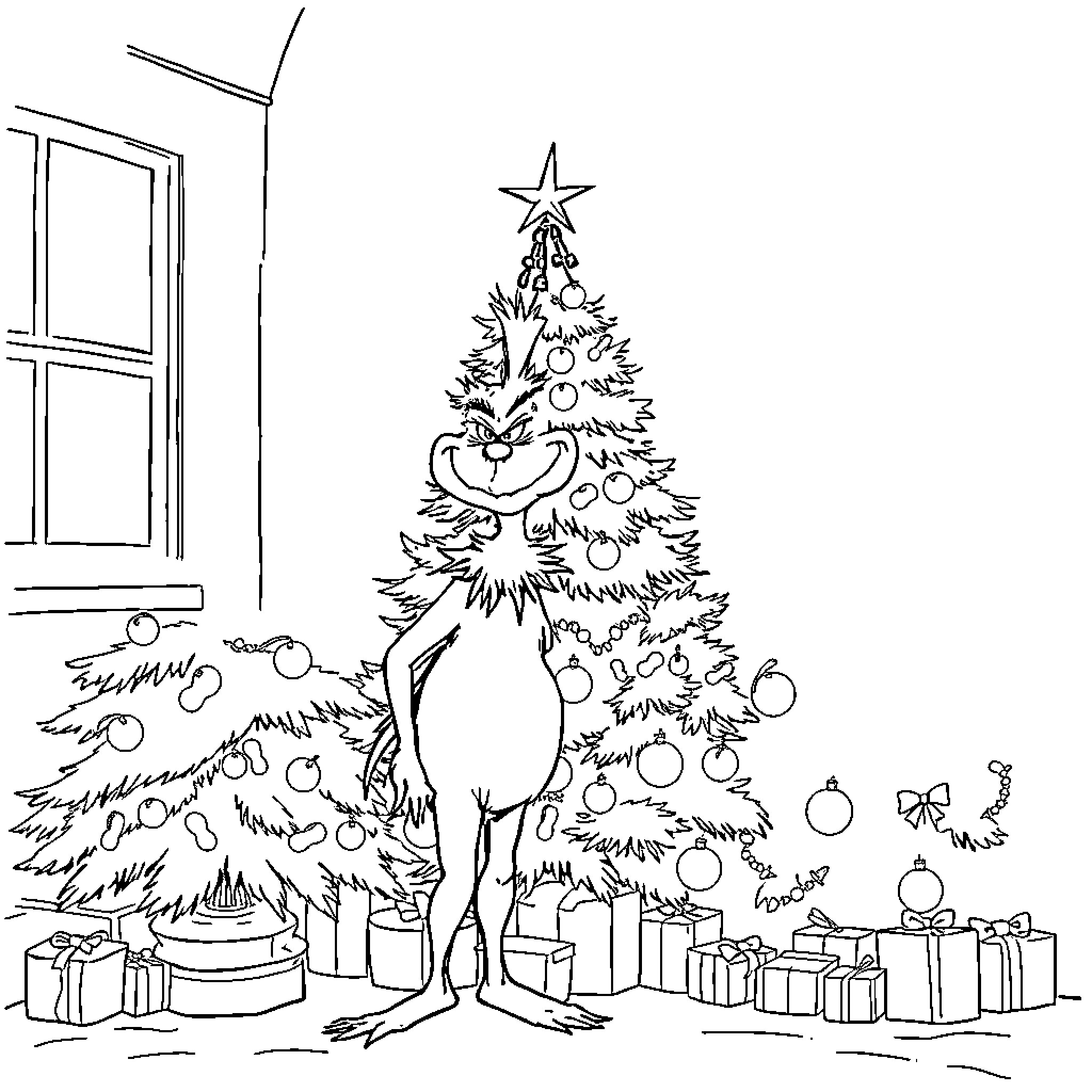 Grinch decorating Christmas tree with gifts Coloring Page (free black-and-white line drawing printable PDF for all, from beginners to advanced learners, including children, teens, adults, and seniors)