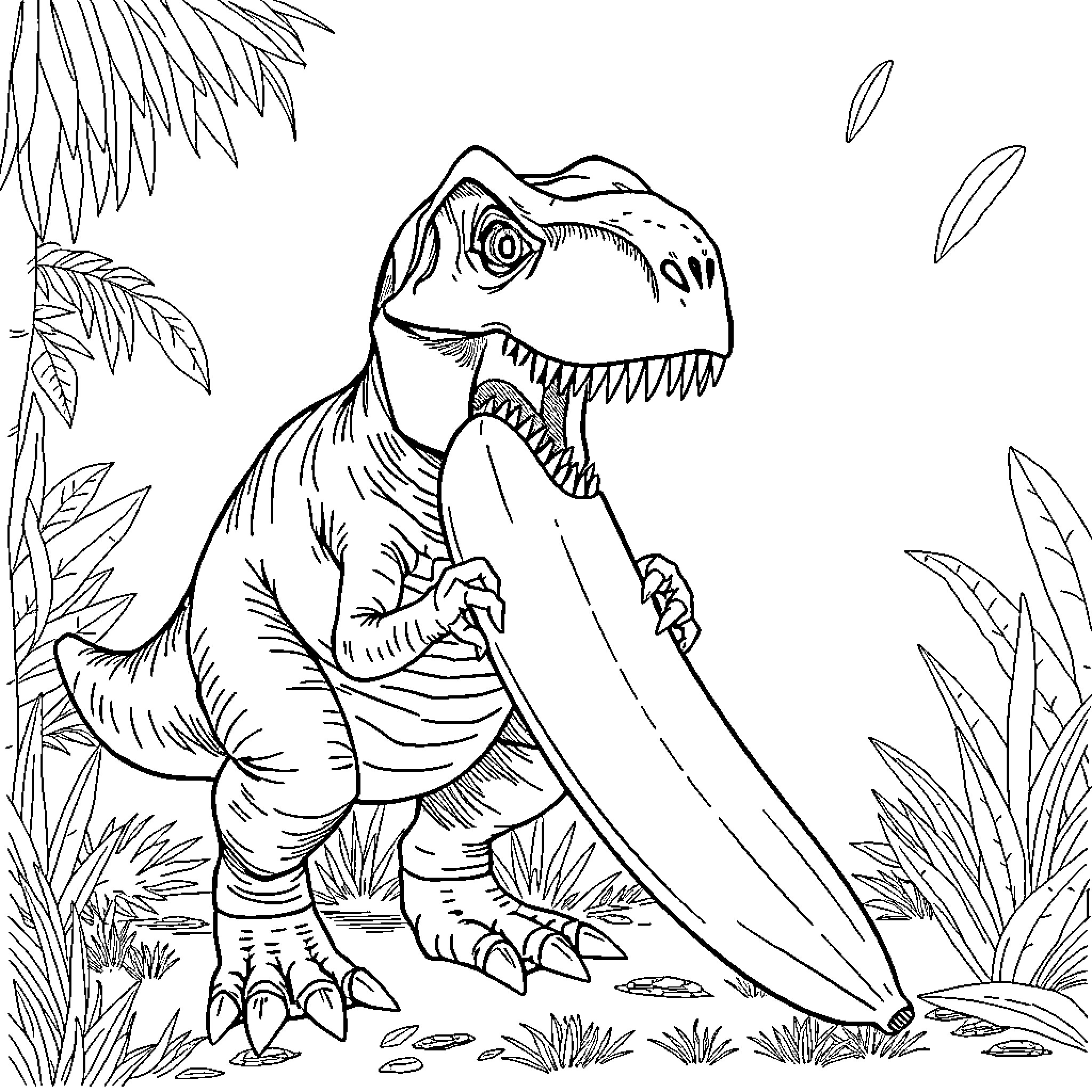 T-Rex roaming in the prehistoric jungle Coloring Page (free black-and-white line drawing printable PDF for all, from beginners to advanced learners, including children, teens, adults, and seniors)