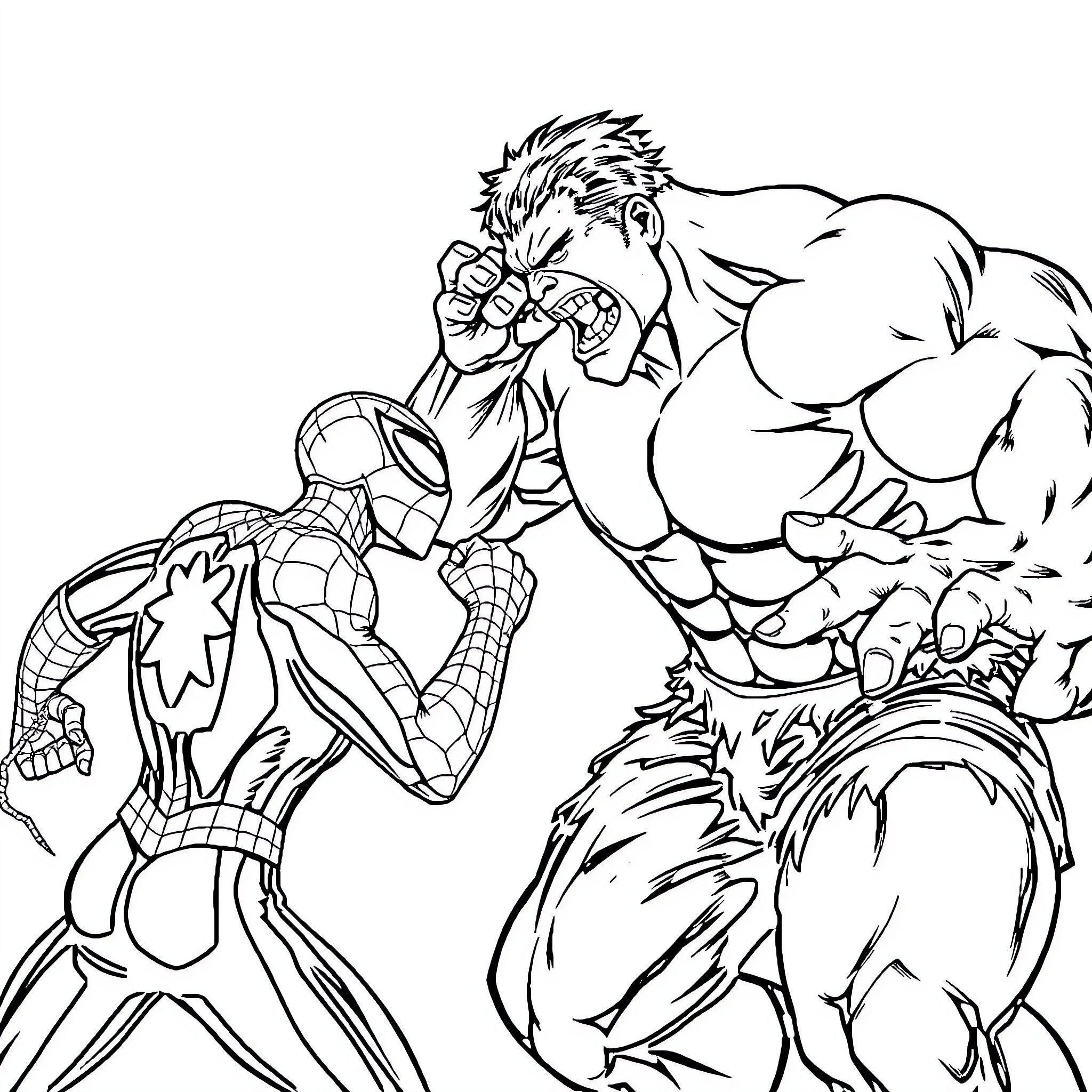 Spiderman confronting a fierce, muscular villain Coloring Page (free black-and-white line drawing printable PDF for all, from beginners to advanced learners, including children, teens, adults, and seniors)