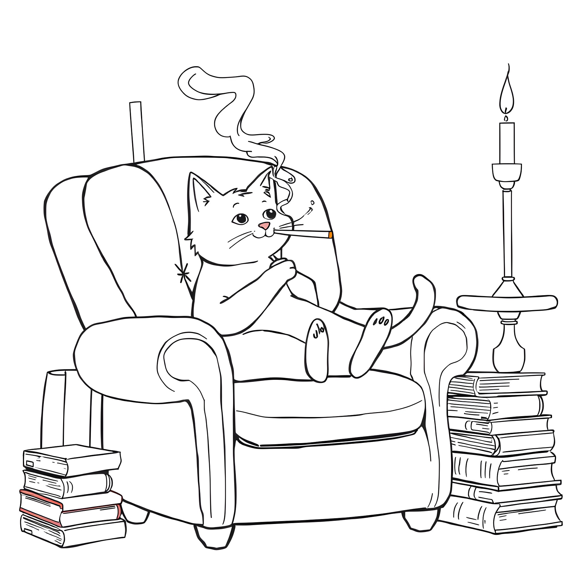 Cat relaxing with a book and pipe in an armchair Coloring Page (free black-and-white line drawing printable PDF for all, from beginners to advanced learners, including children, teens, adults, and seniors)