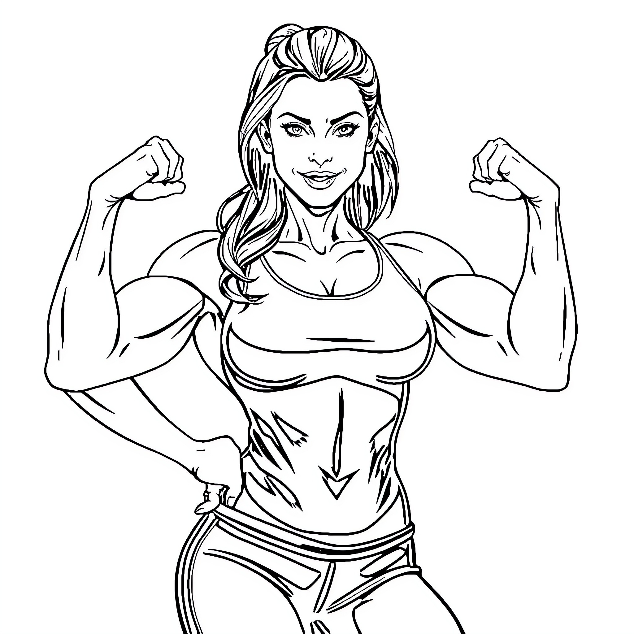 Bodybuilder flexing her strong muscles confidently Coloring Page (free black-and-white line drawing printable PDF for all, from beginners to advanced learners, including children, teens, adults, and seniors)
