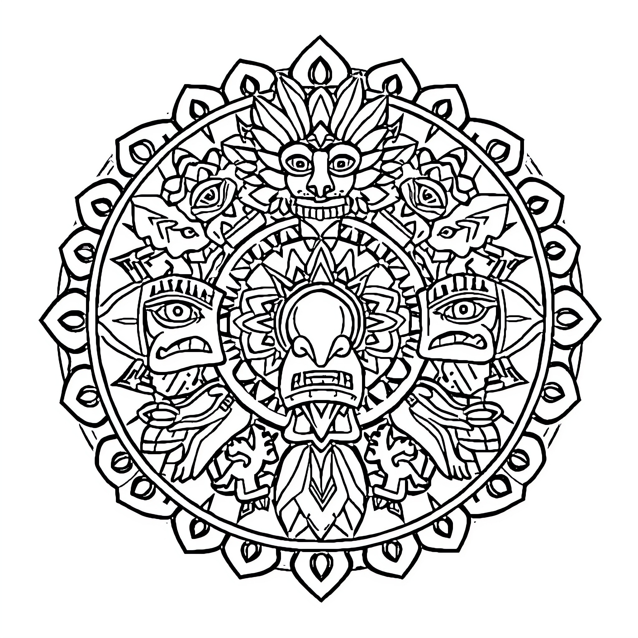 Aztec Symbolic Mandala Illustration Coloring Page (free black-and-white line drawing printable PDF for all, from beginners to advanced learners, including children, teens, adults, and seniors)